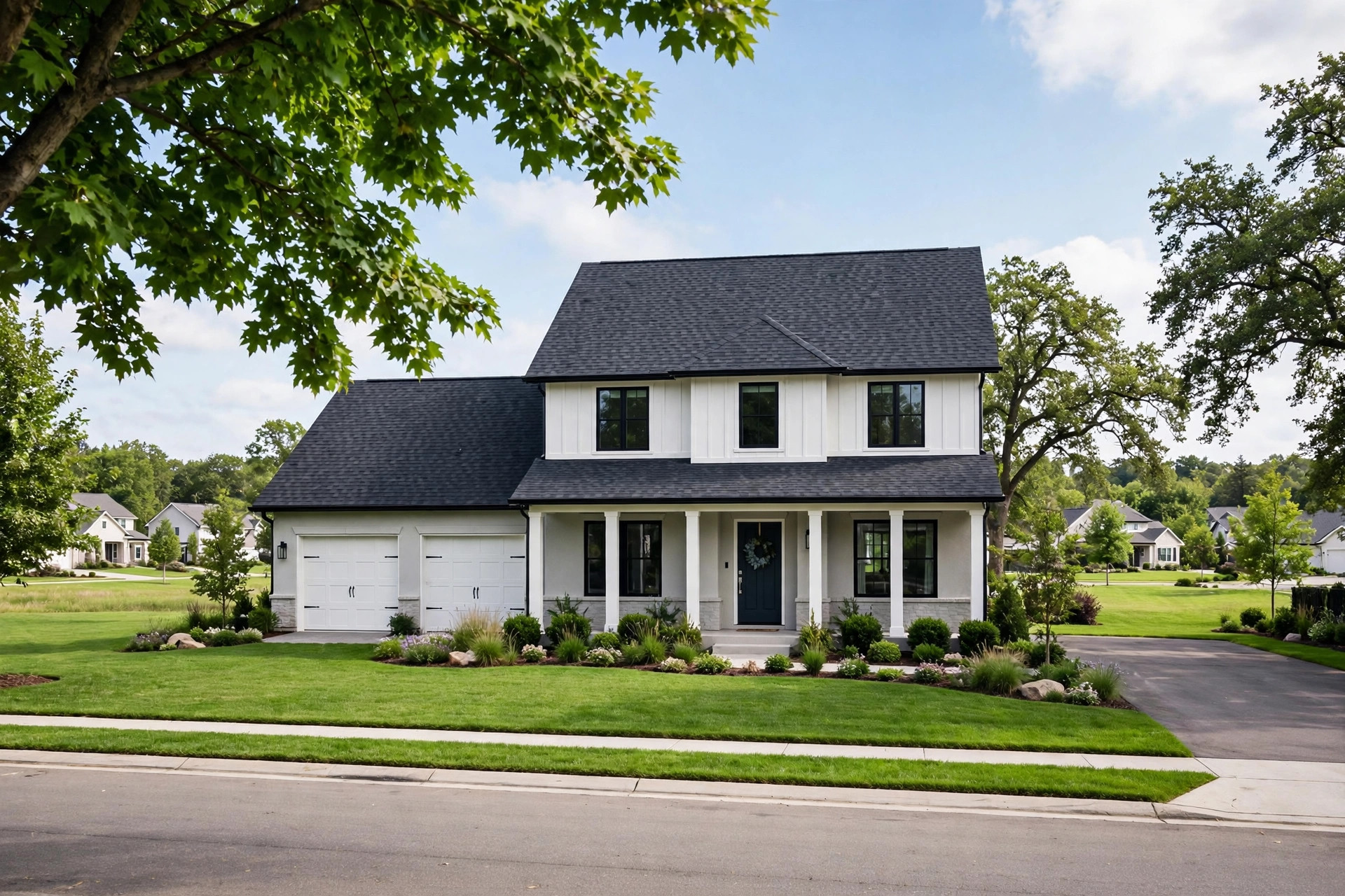 Finished new shingle roof on a suburban family home under a blue sky