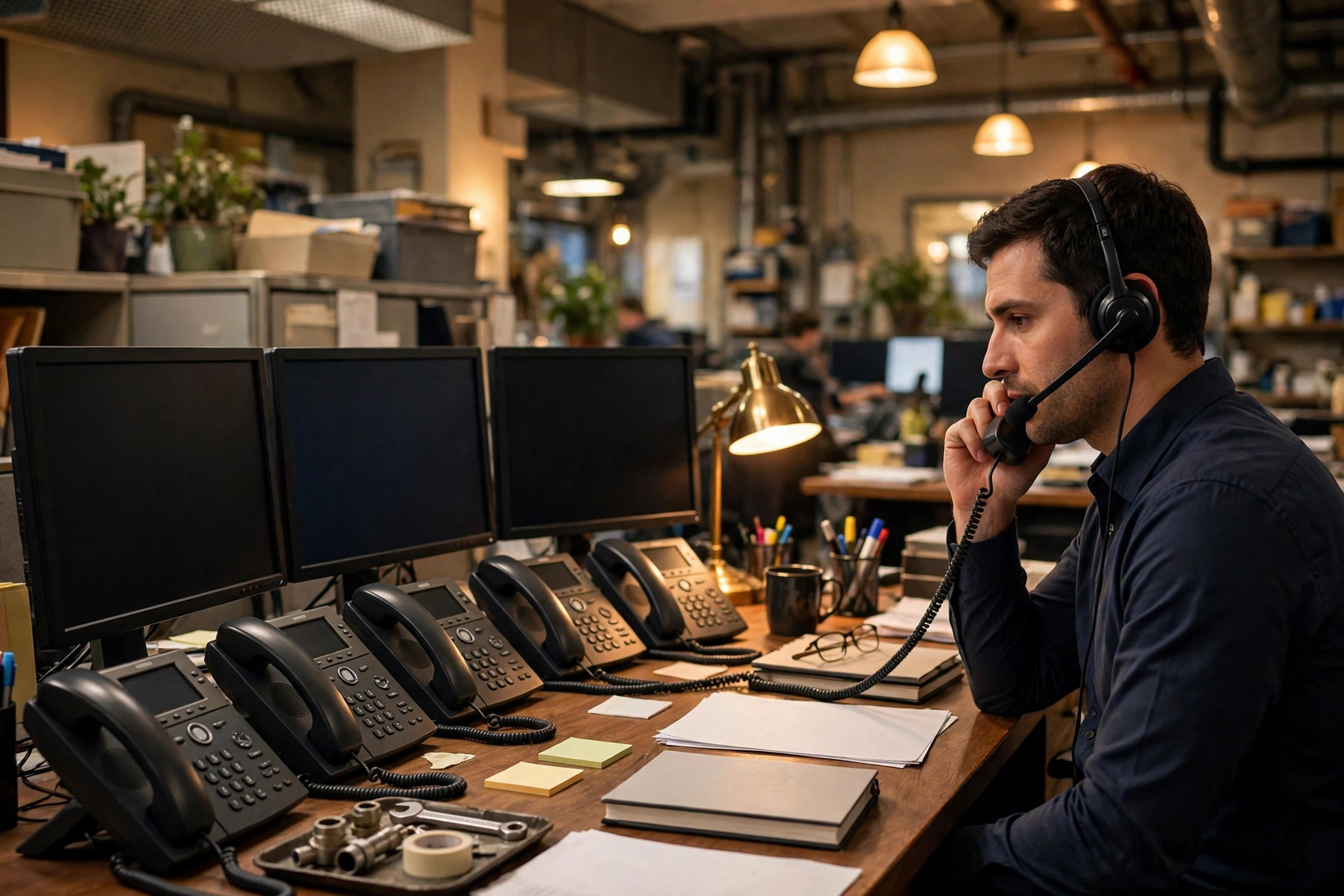 Dispatcher with a headset answering phones at a busy plumbing company office