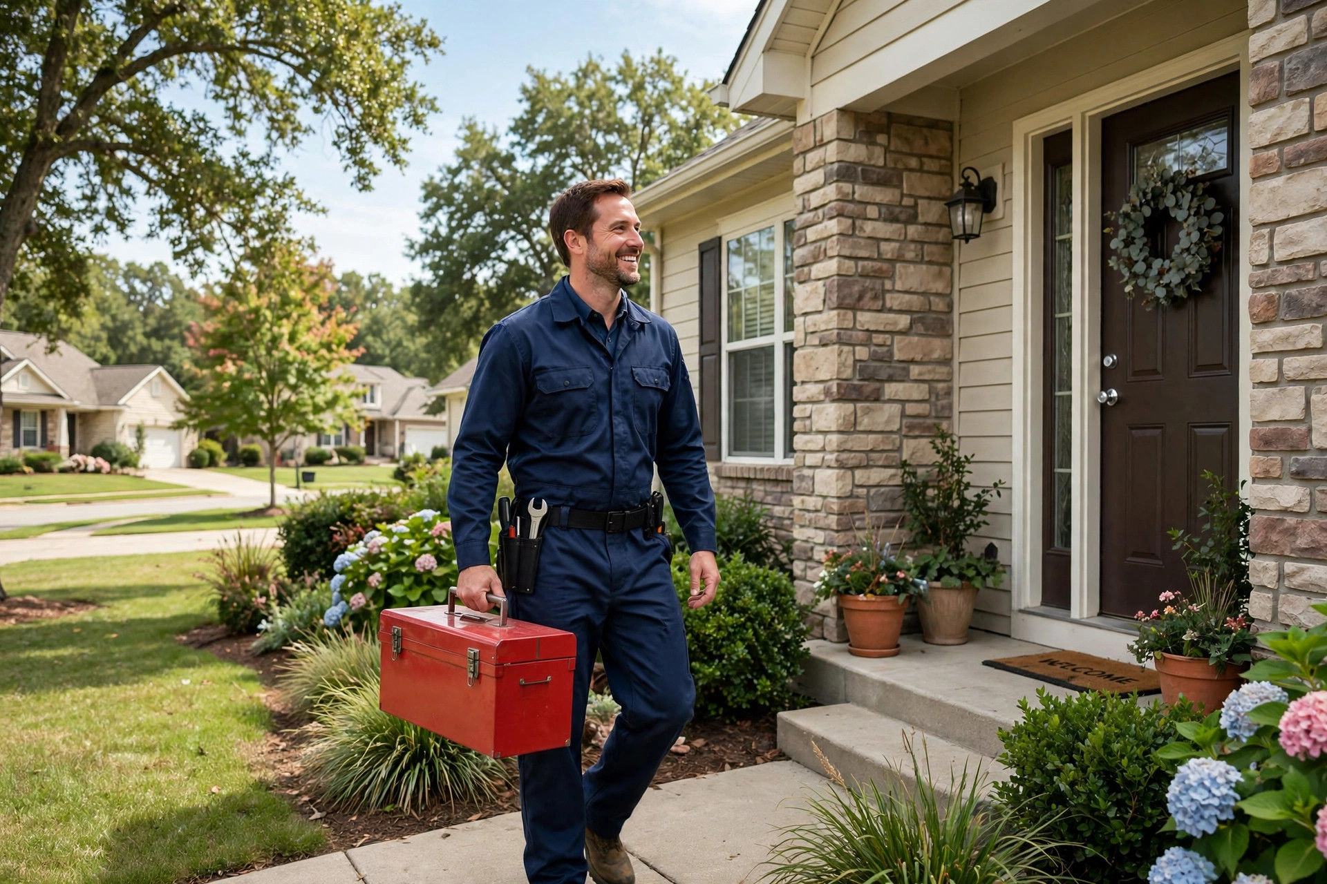 Smiling plumber carrying a toolbox arriving at the front door of a suburban home