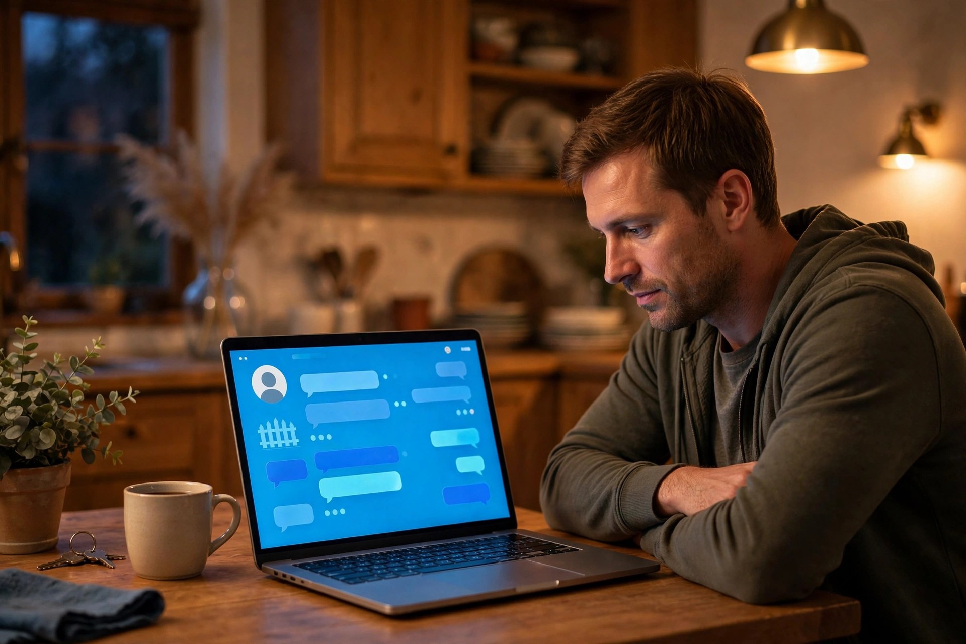 AI Chatbot for Fencing Companies: Answer Every Quote Request Homeowner chatting with a fence company website chatbot on a laptop in the evening