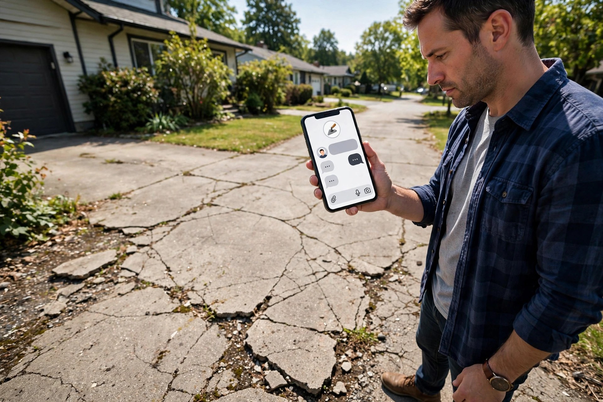 AI Chatbot for Concrete Contractors: Turn Website Visitors Into Jobs Homeowner requesting a driveway quote through a concrete contractor website chatbot on a smartphone