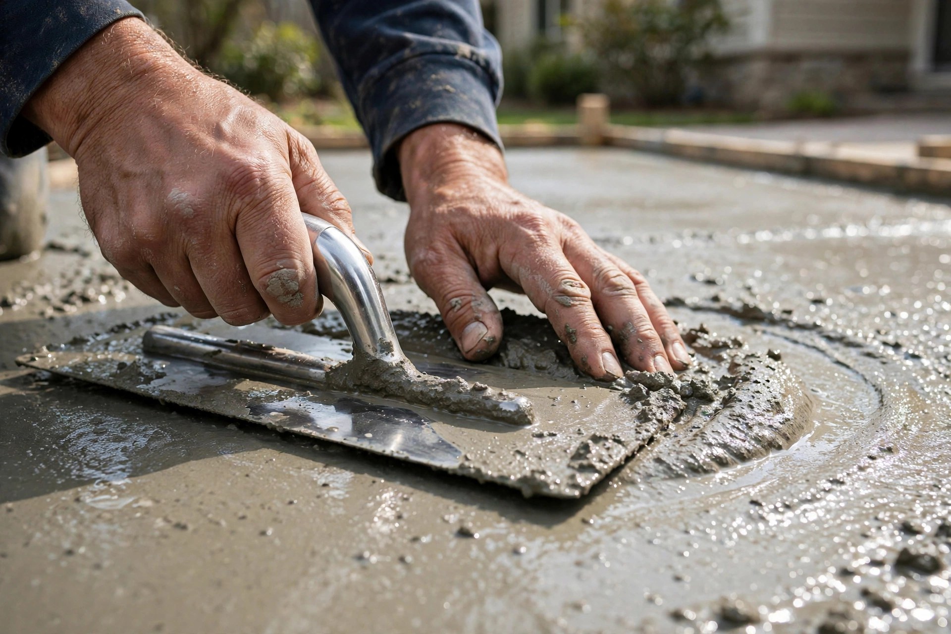 AI Chatbot for Concrete Contractors: Turn Website Visitors Into Jobs Concrete worker finishing a freshly poured residential patio with a hand trowel