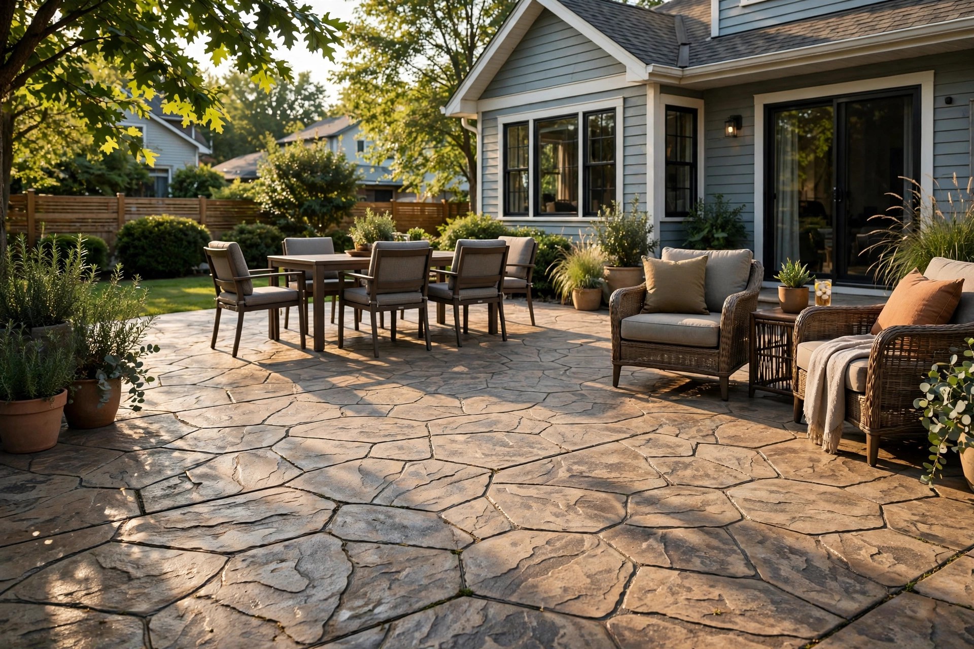 AI Chatbot for Concrete Contractors: Turn Website Visitors Into Jobs Finished stamped concrete patio with outdoor furniture outside a suburban home