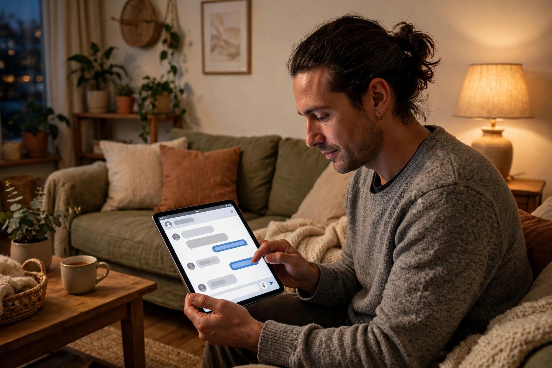 AI Chatbot for Painting Companies: Book Estimates While You Paint Homeowner booking a painting estimate through a website chatbot on a tablet at home