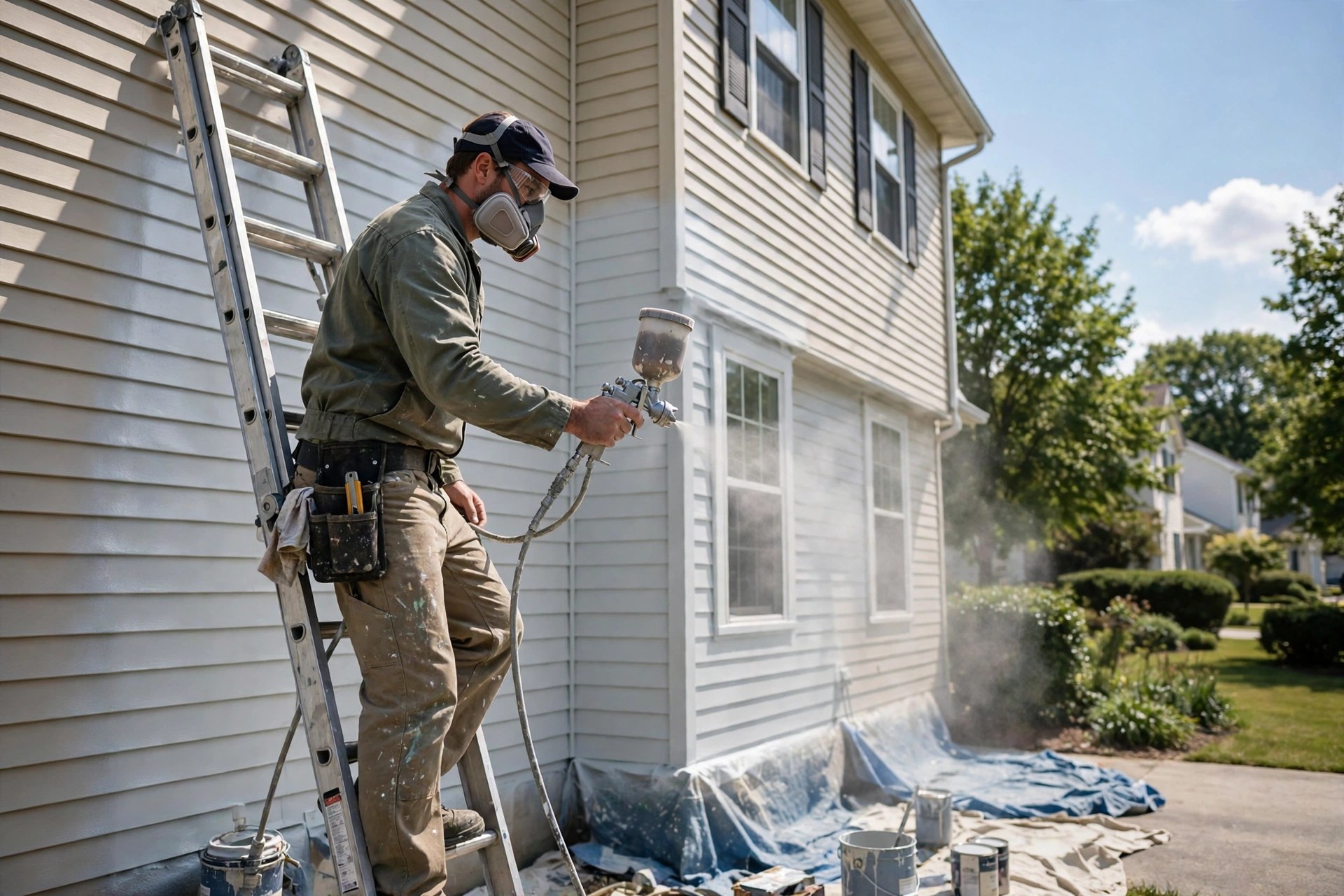 AI Chatbot for Painting Companies: Book Estimates While You Paint Professional painter spray painting the exterior siding of a suburban house
