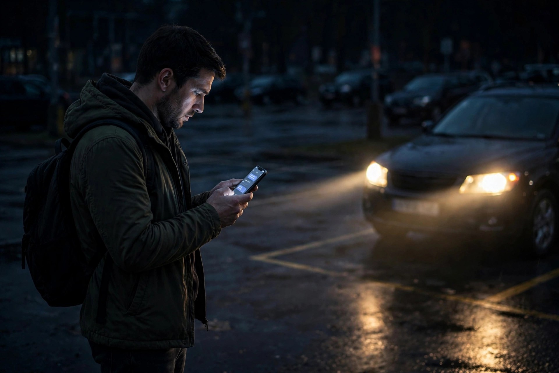 Person using a smartphone chatbot to request an emergency locksmith late at night