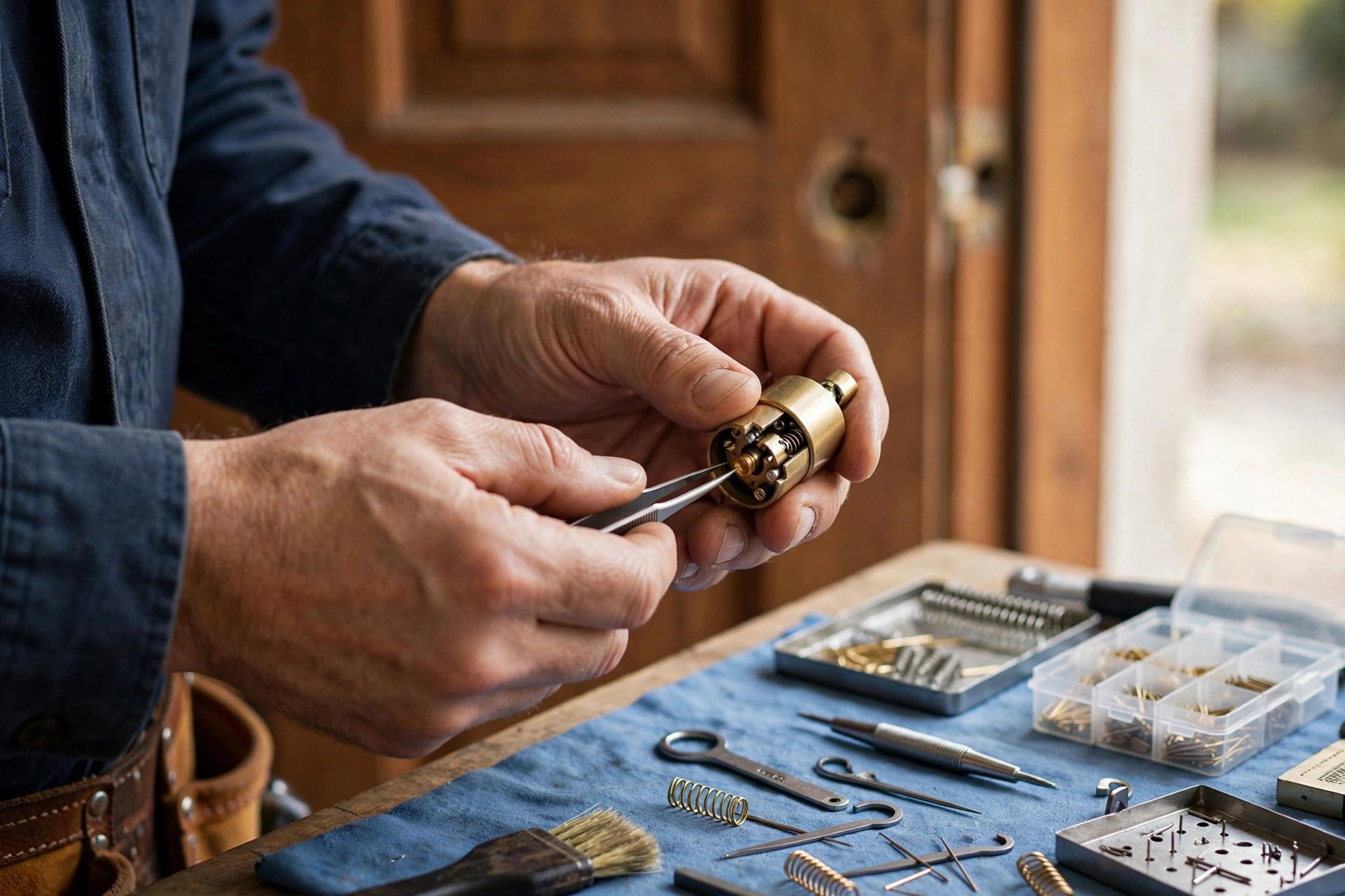 Locksmith rekeying a residential door lock with professional tools