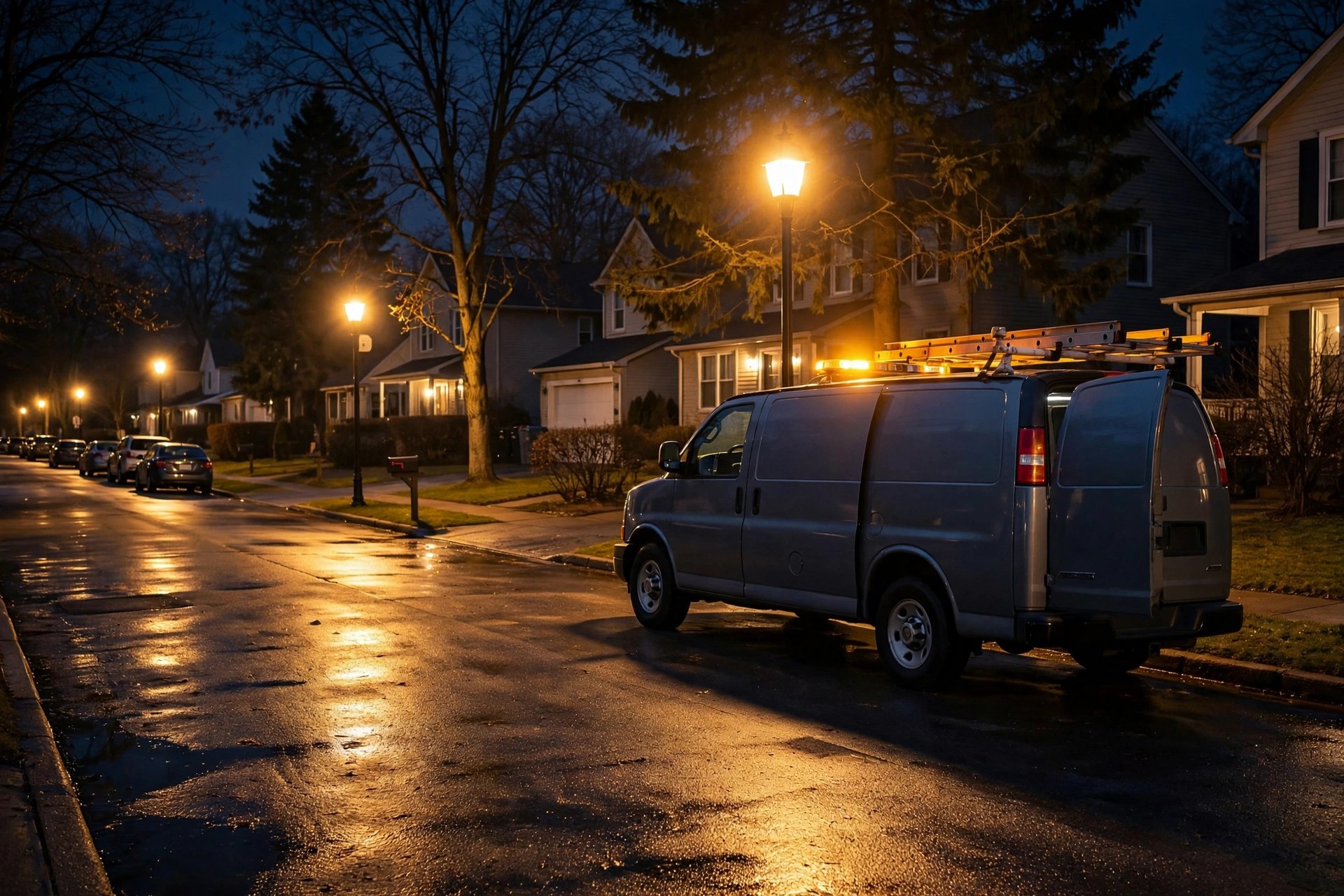 Locksmith service van parked on a residential street ready for emergency calls at night