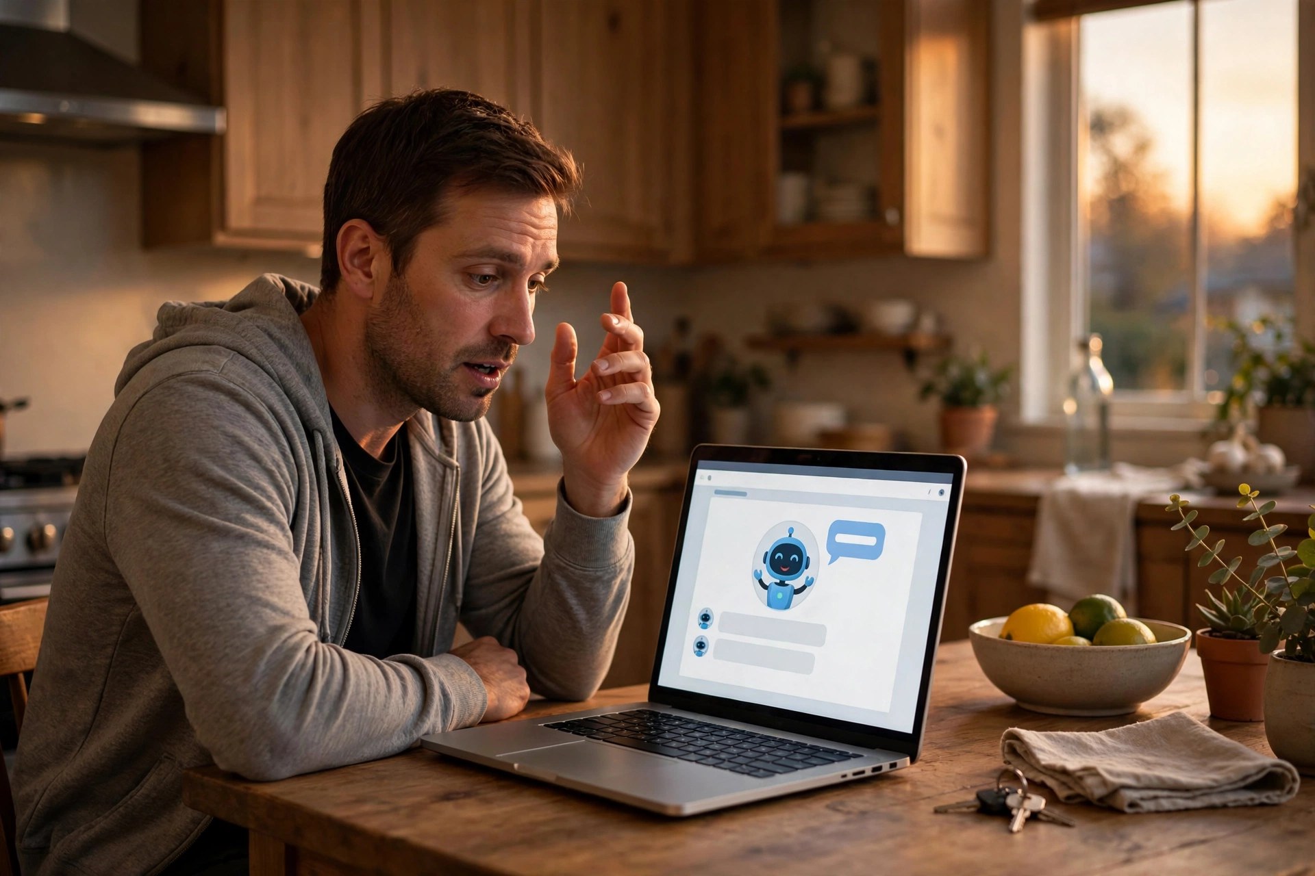 AI Chatbot for Electrical Companies: Quote Requests Answered Around the Clock Homeowner describing an electrical problem to a website chatbot on a laptop at home