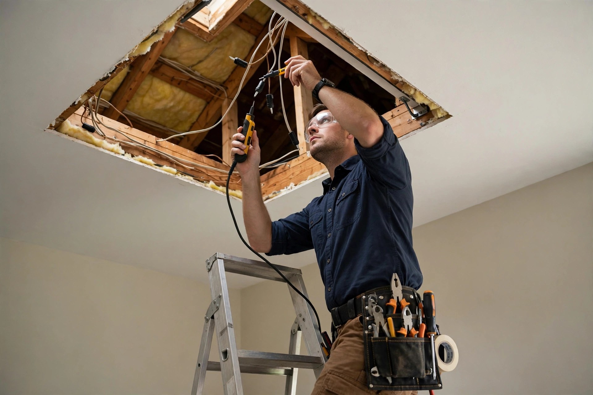 AI Chatbot for Electrical Companies: Quote Requests Answered Around the Clock Electrician troubleshooting wiring connections in a home ceiling with a voltage tester
