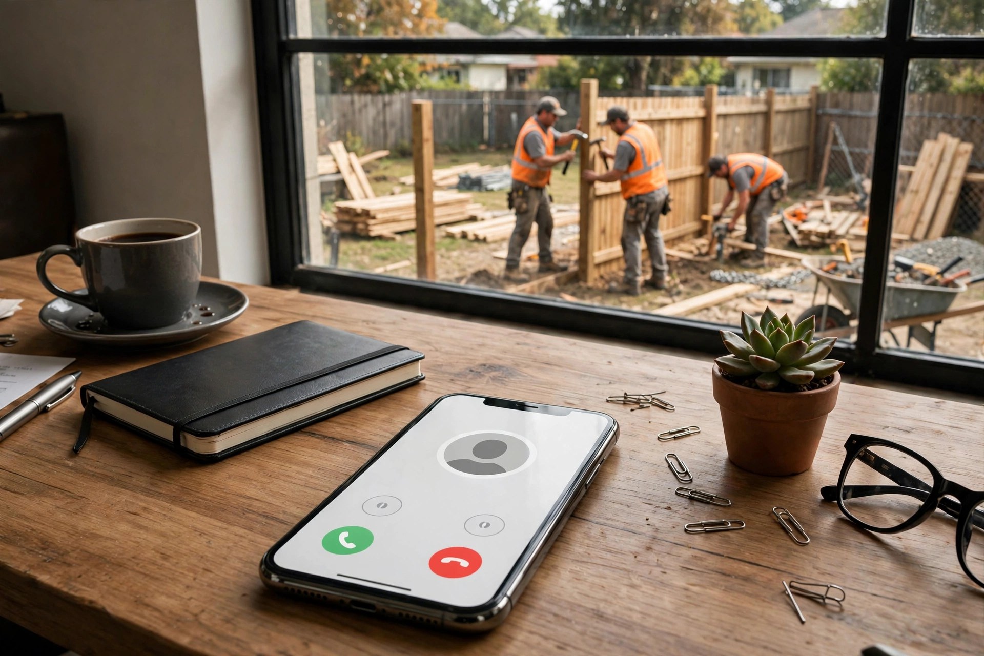 Smartphone on a desk showing an incoming customer call while the fence crew works outside