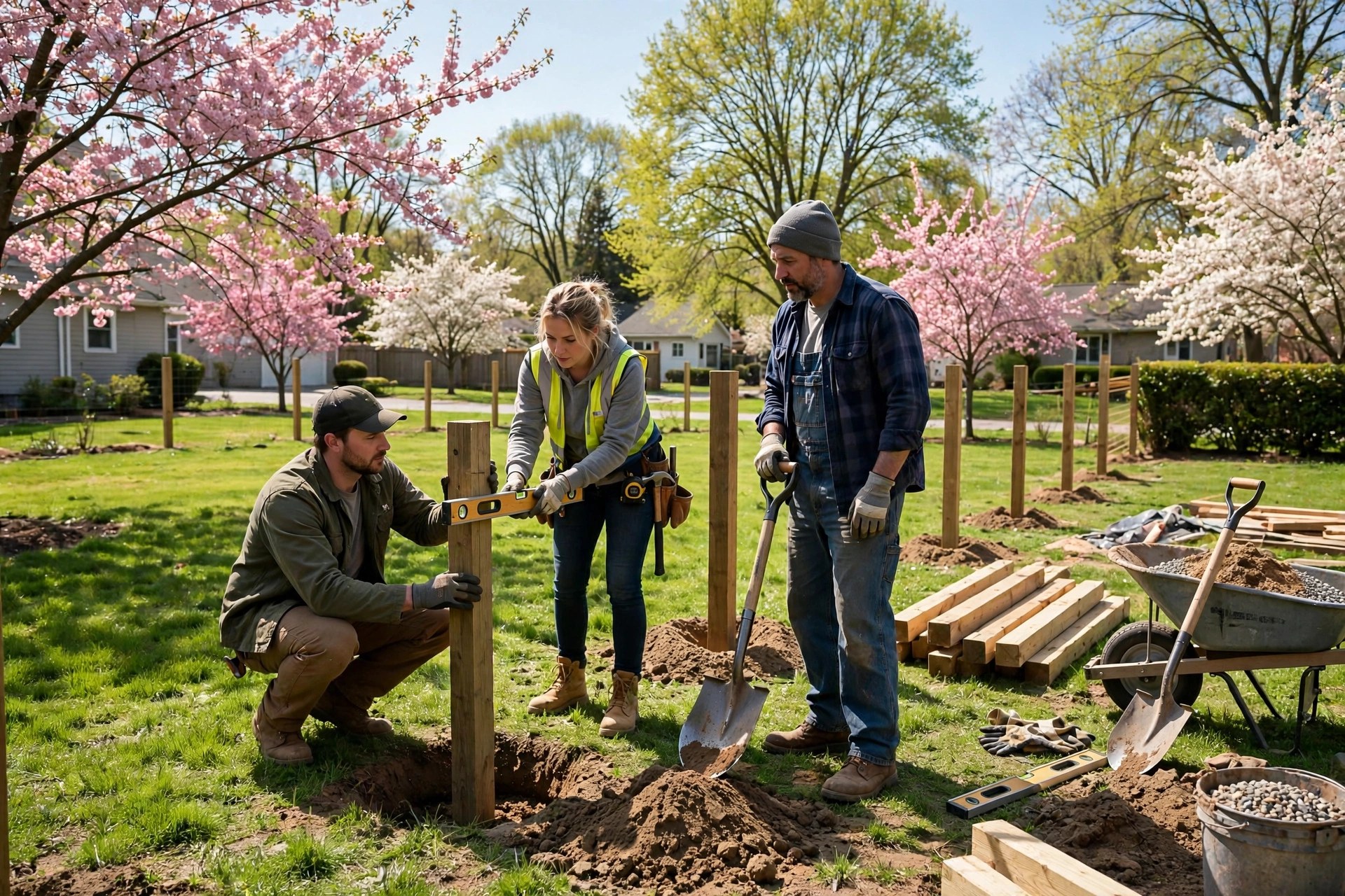 Fence installation crew setting posts in a sunny suburban backyard during spring