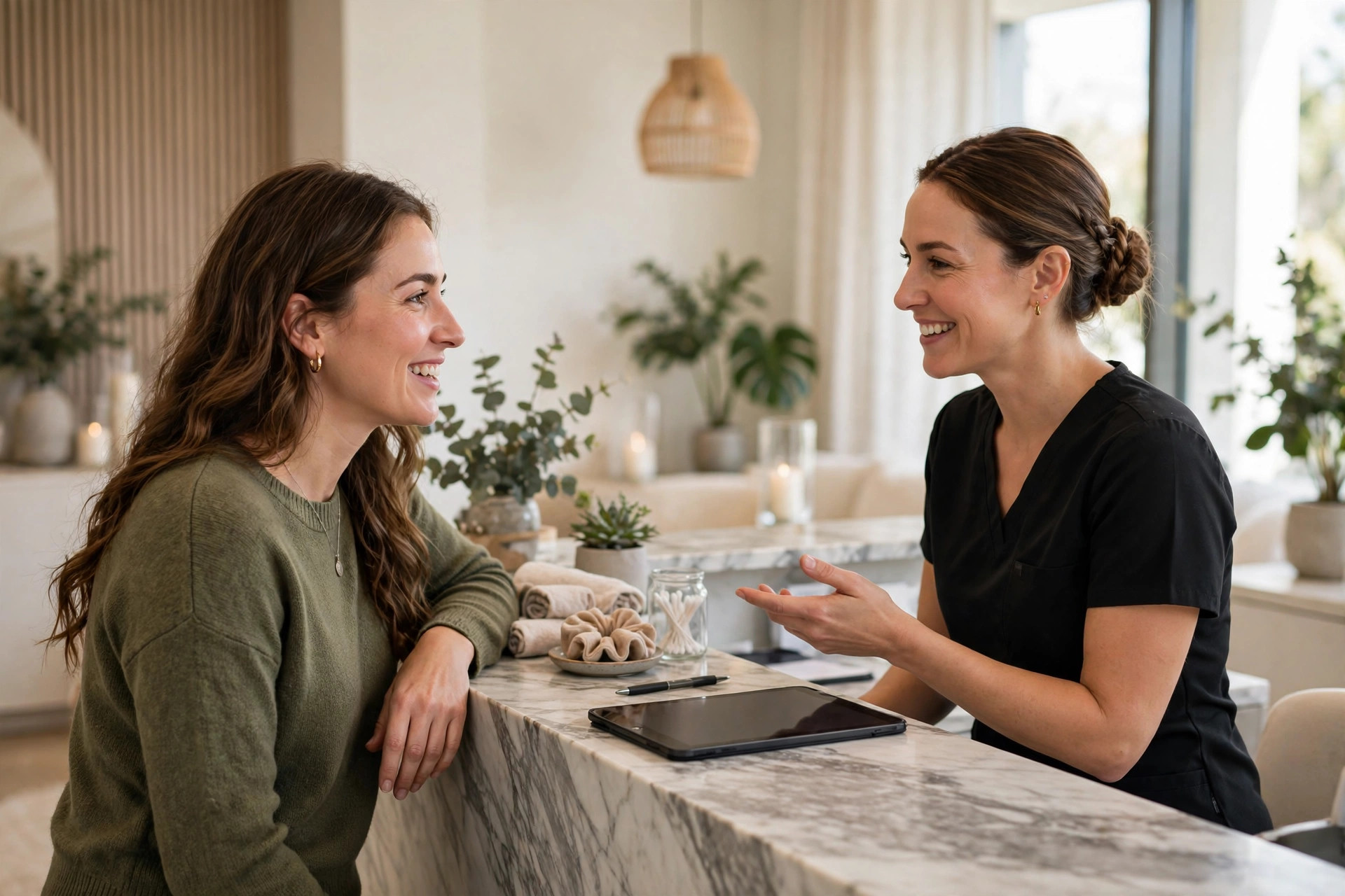 Woman booking a consultation with med spa staff at a marble reception desk