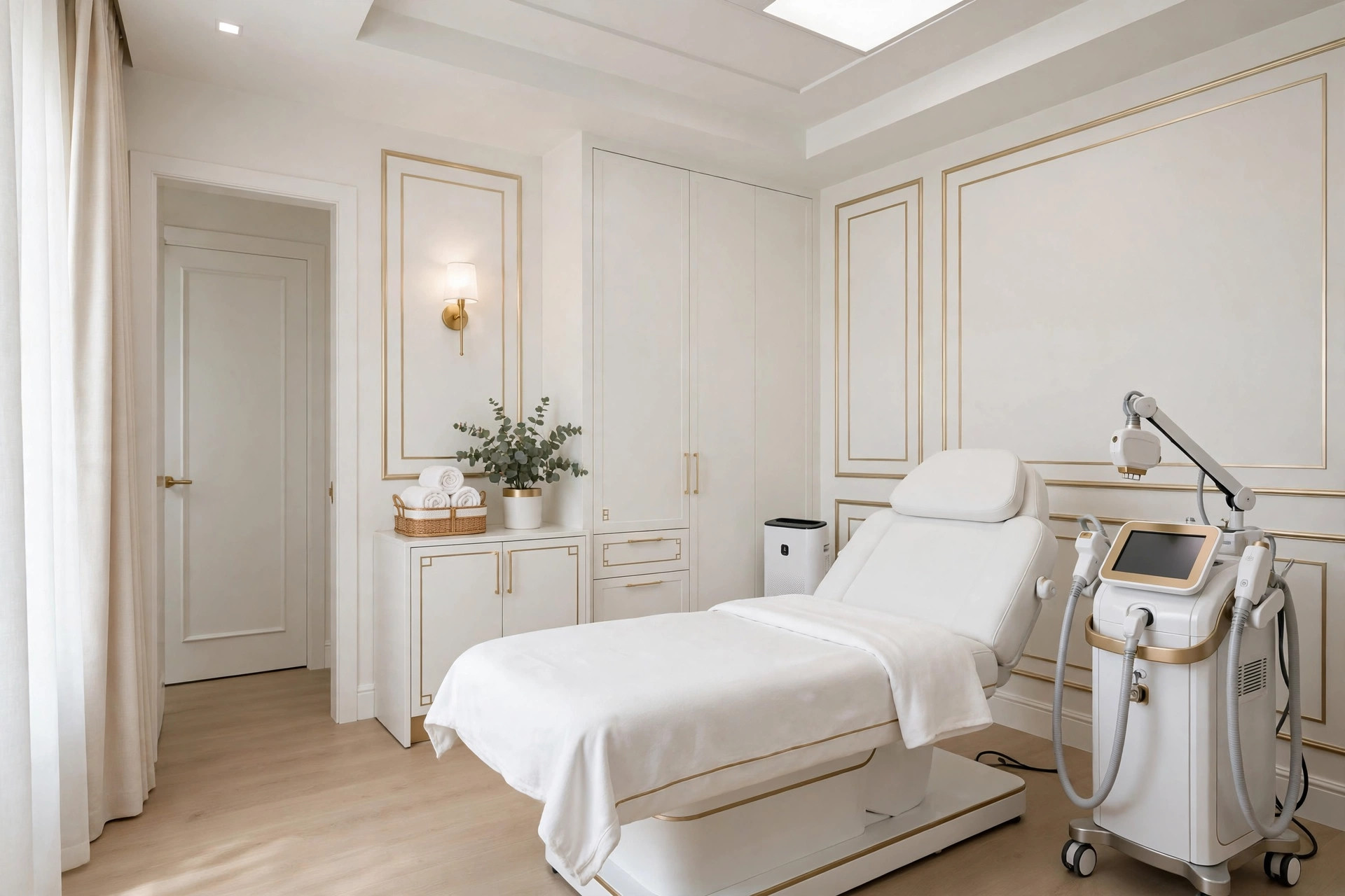 Clean modern laser treatment room with aesthetic equipment and treatment bed