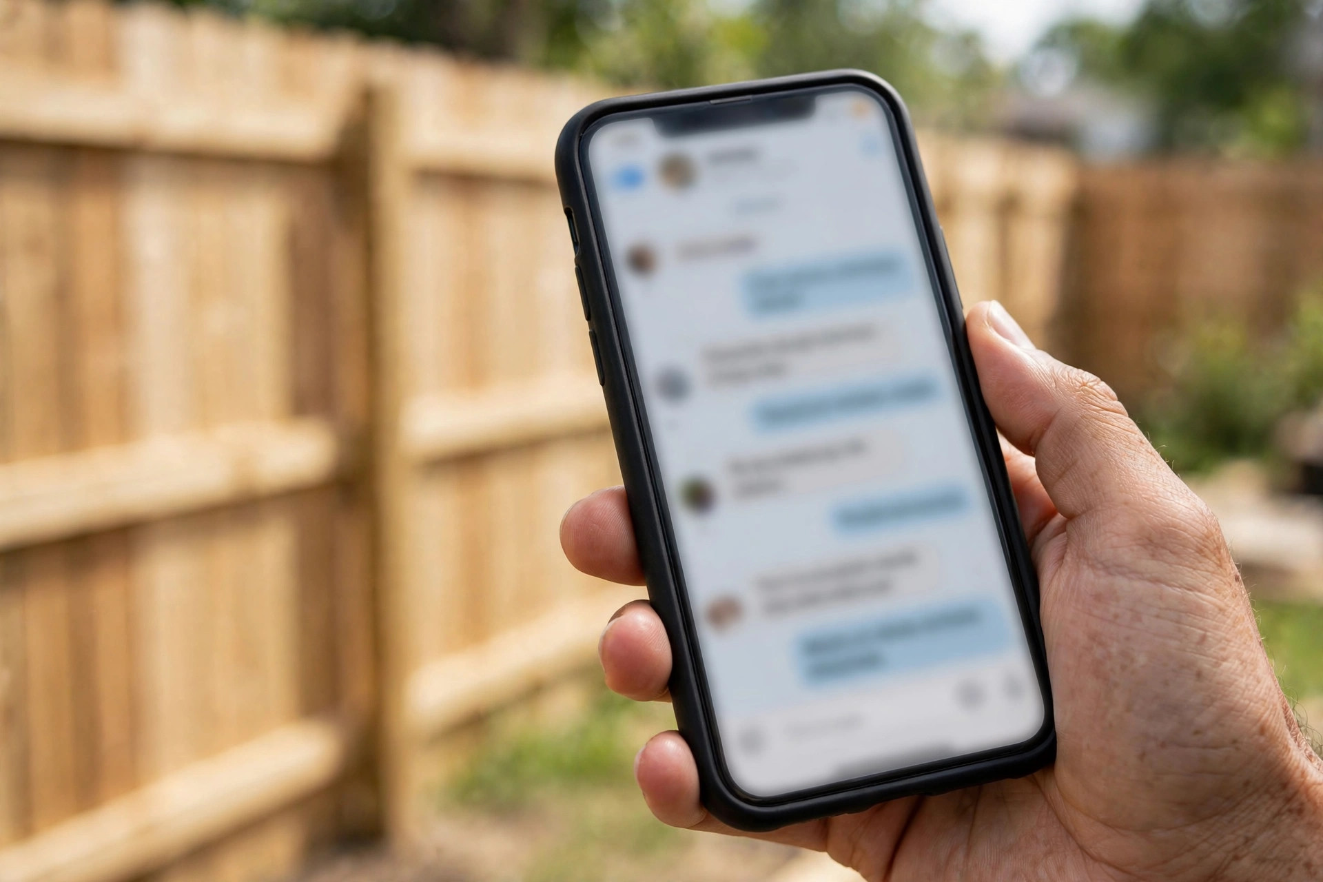 Hand holding a smartphone with a blurred text message screen in front of a new wooden fence