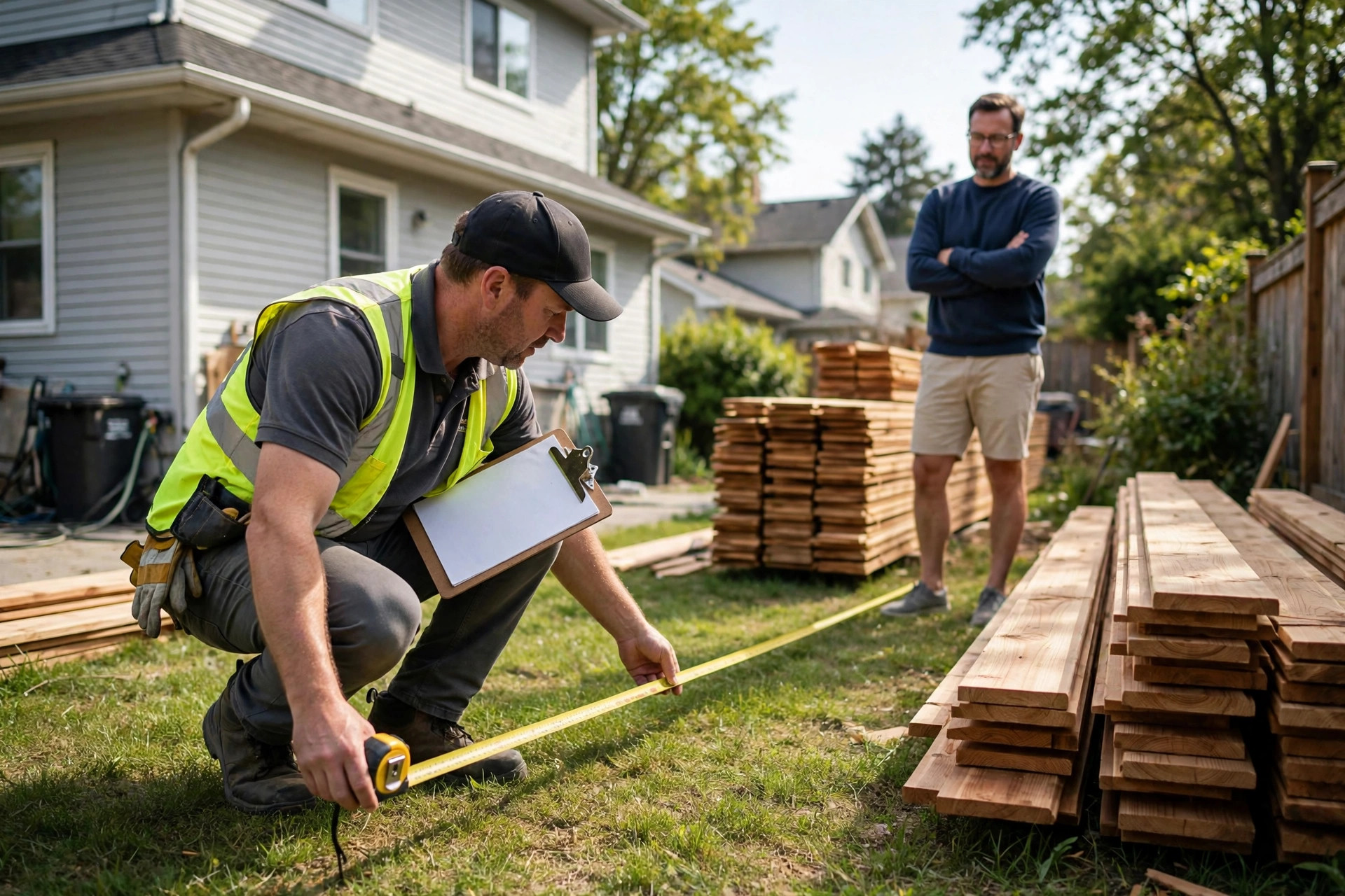 Fence company estimator measuring a backyard with a tape measure while the homeowner watches