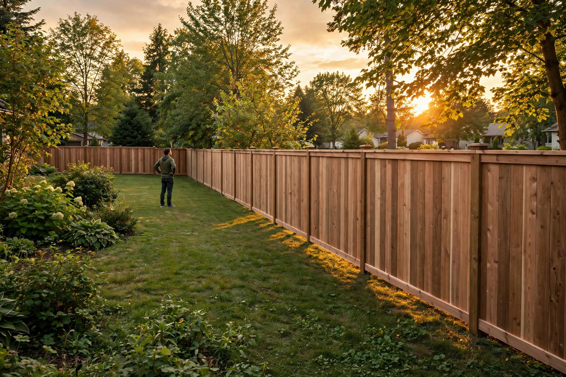 Newly installed cedar privacy fence running along a green suburban backyard at sunset