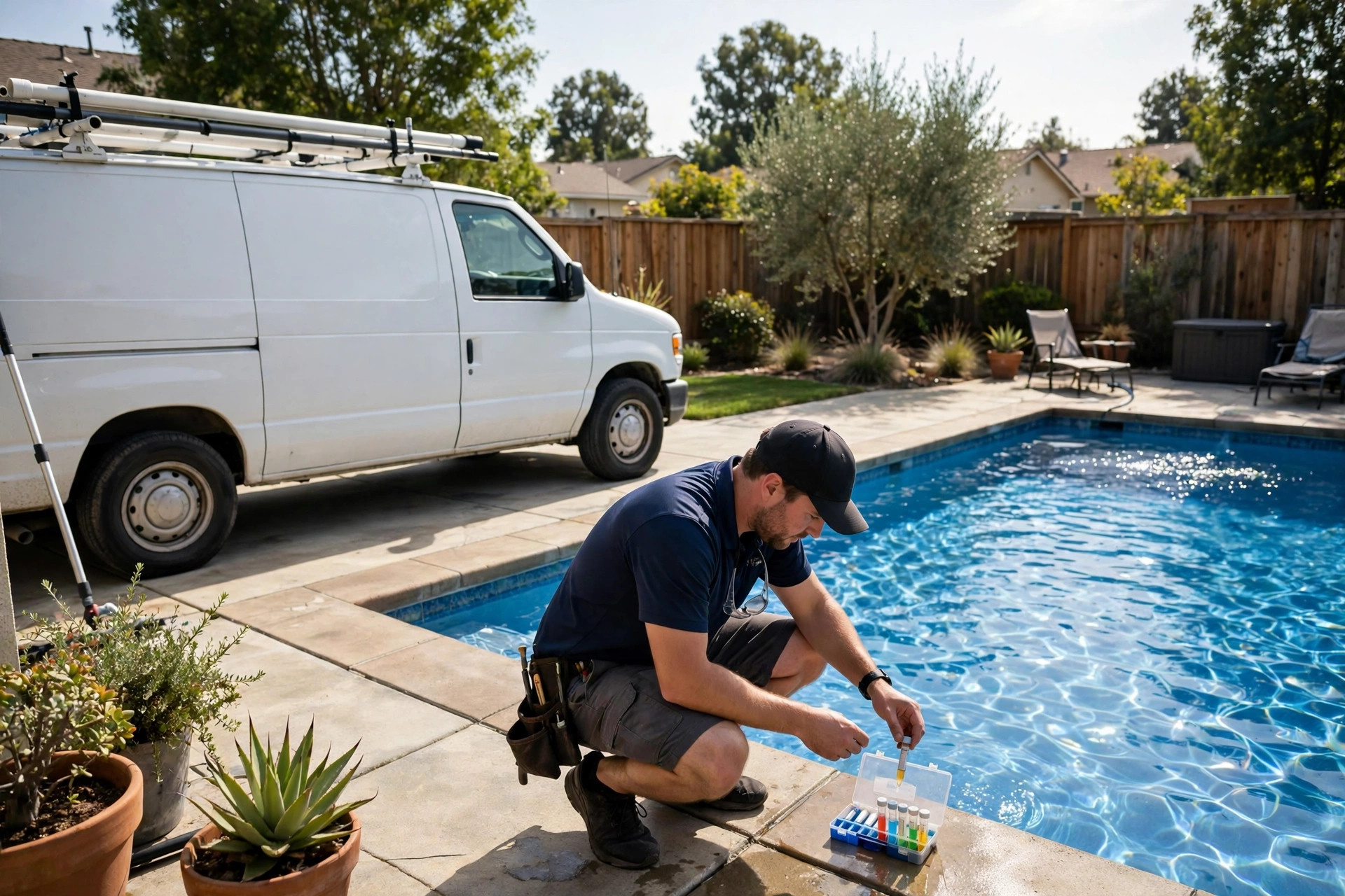 Missed Call Text Back for Pool Companies: Catch Calls From the Pool Deck Pool service van parked beside a backyard pool while a technician tests the water