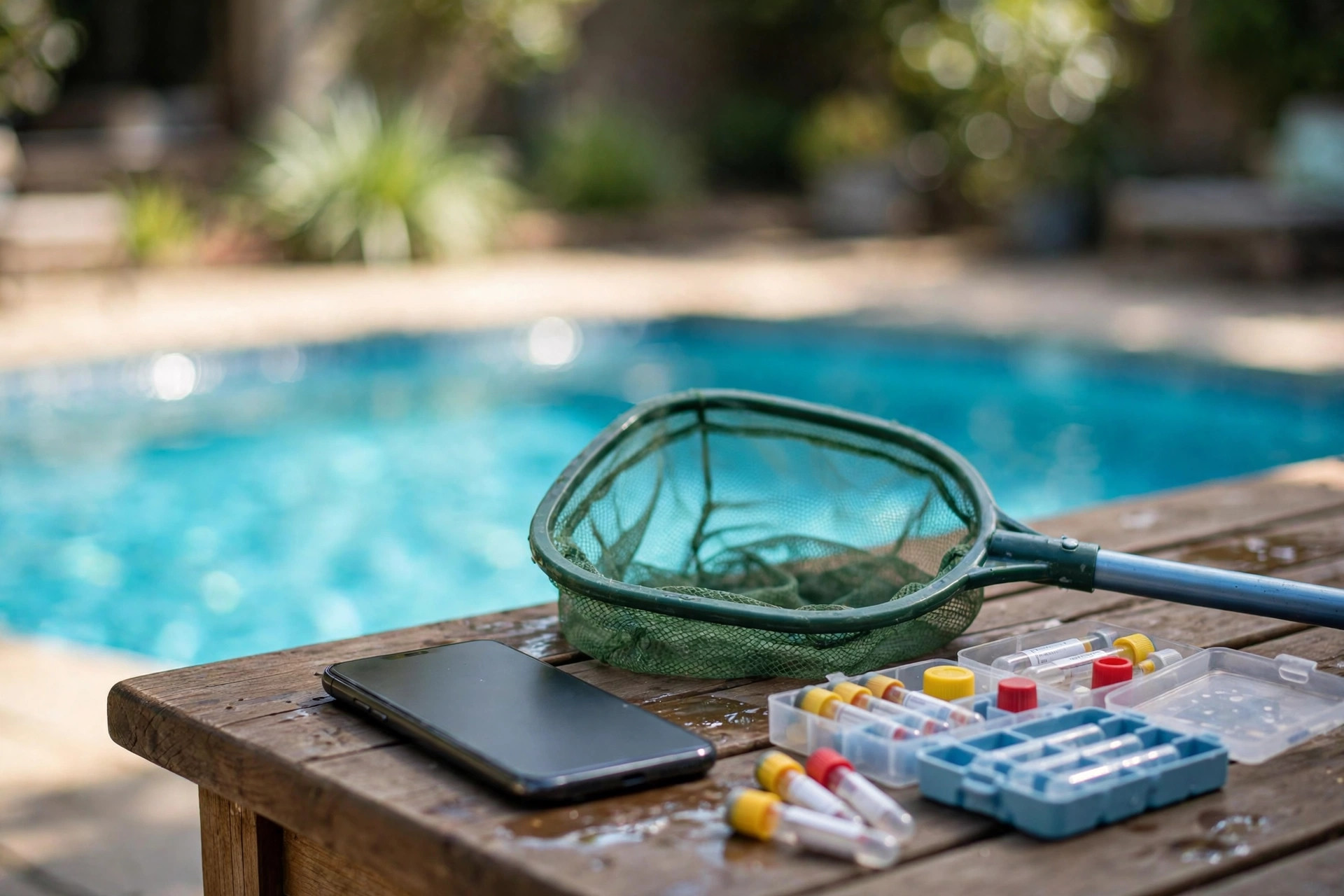 Missed Call Text Back for Pool Companies: Catch Calls From the Pool Deck Smartphone on a poolside table next to a skimmer net and pool test kit