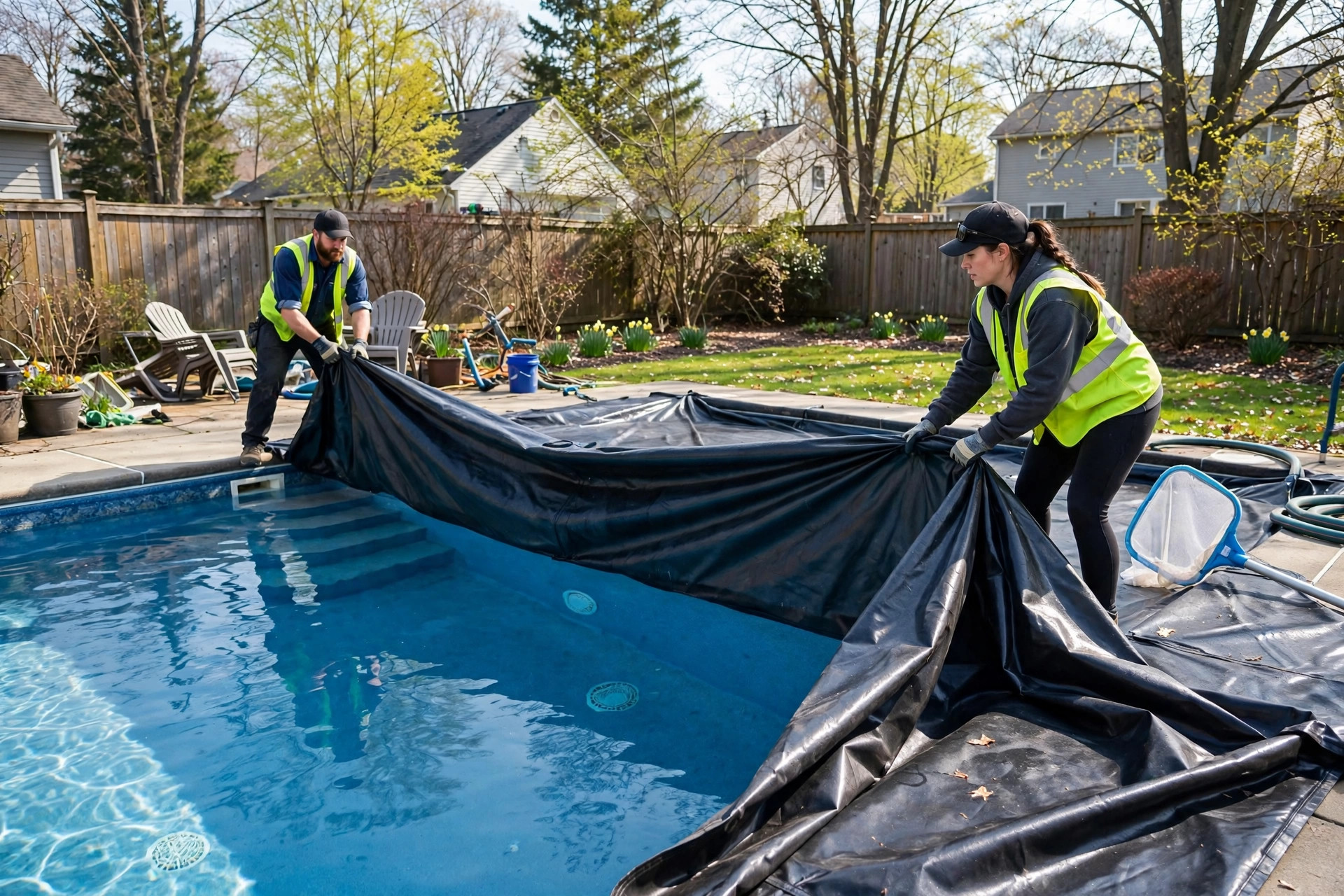 Missed Call Text Back for Pool Companies: Catch Calls From the Pool Deck Two pool workers removing a winter pool cover during a spring pool opening