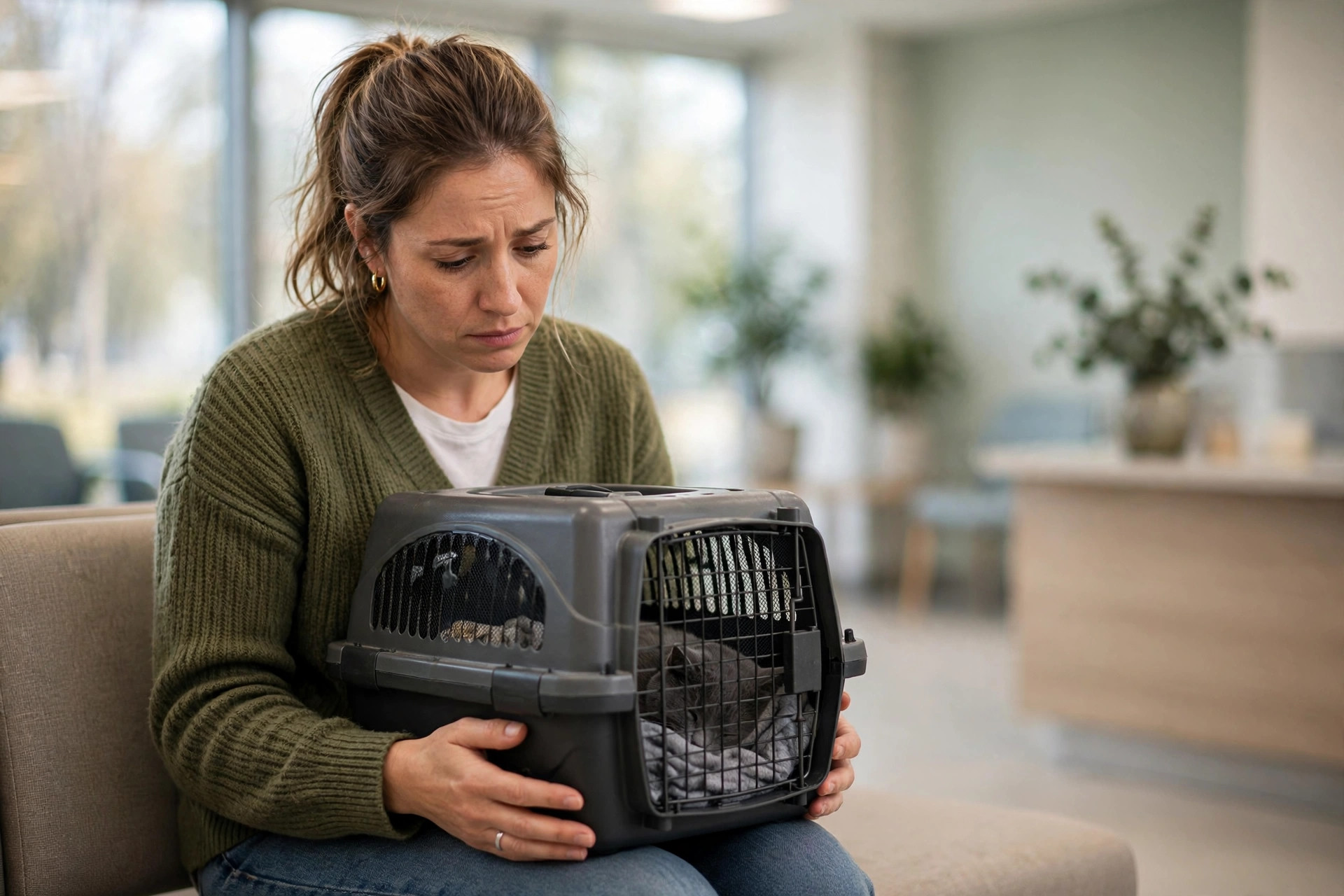 Missed Call Text Back for Veterinary Clinics: Keep Every Worried Pet Owner Worried pet owner holding a cat carrier in a bright veterinary clinic waiting room