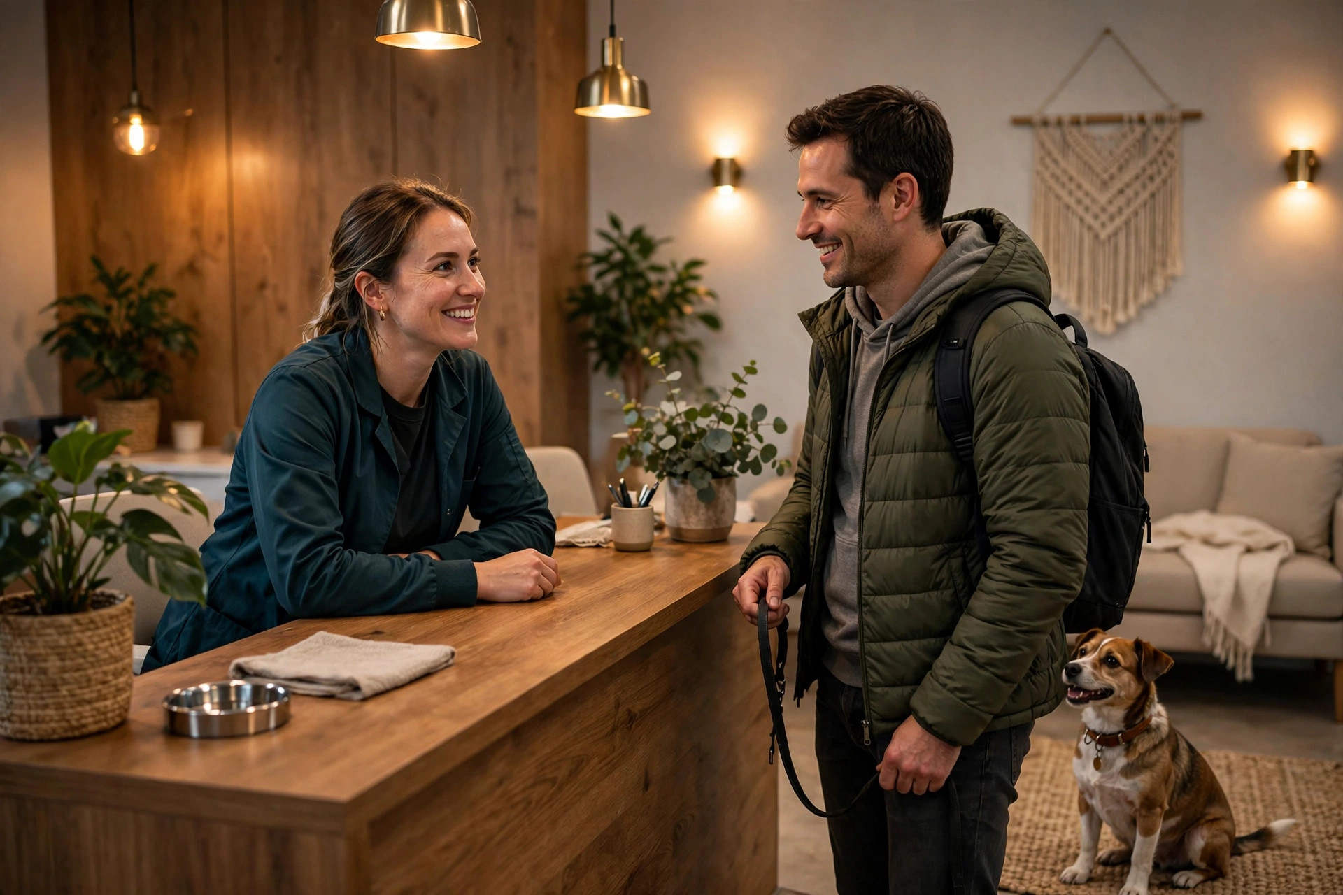 Missed Call Text Back for Veterinary Clinics: Keep Every Worried Pet Owner Friendly veterinary clinic receptionist greeting a client and a small dog at the front desk
