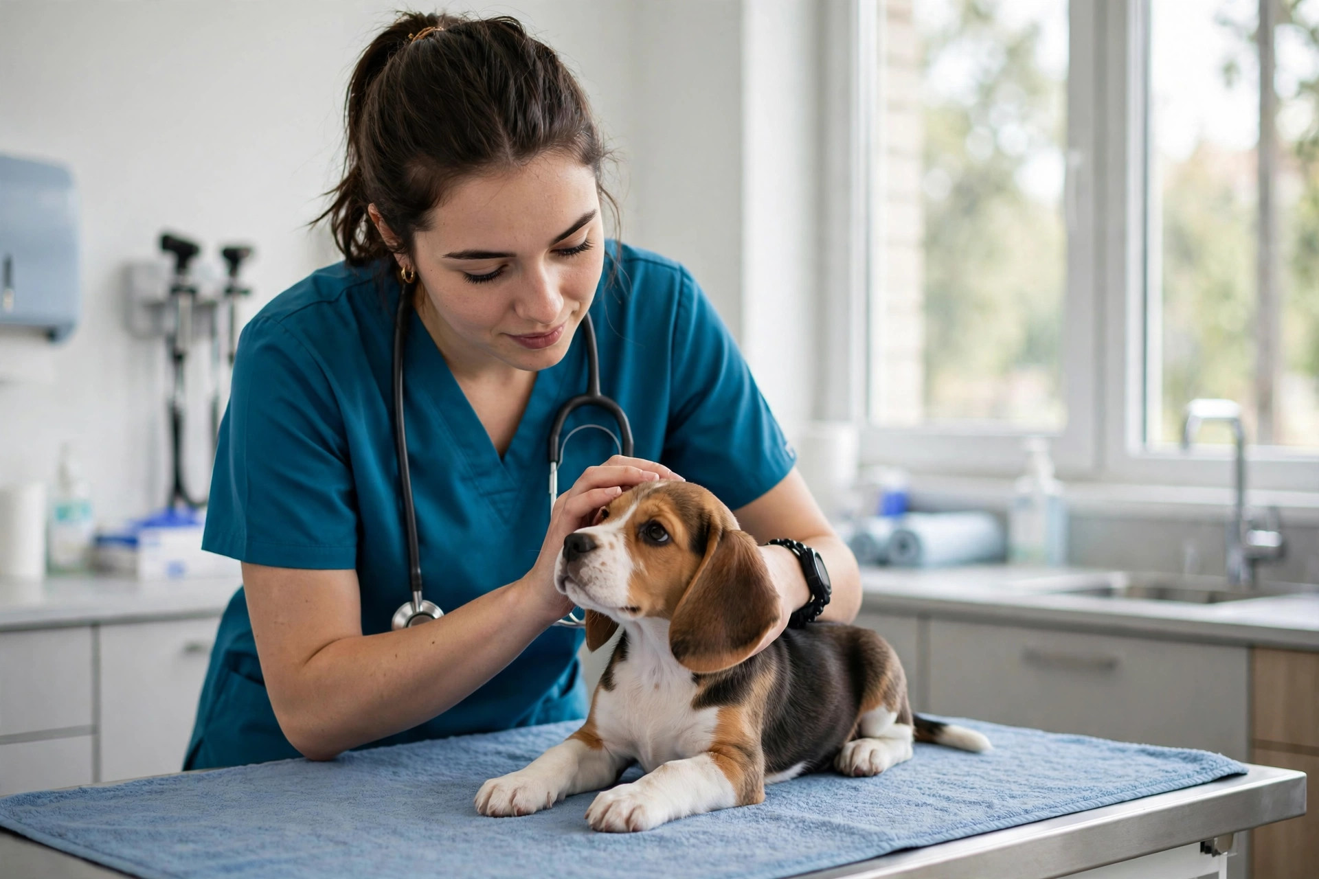 Missed Call Text Back for Veterinary Clinics: Keep Every Worried Pet Owner Vet tech gently comforting a small puppy on an exam table in a modern clinic