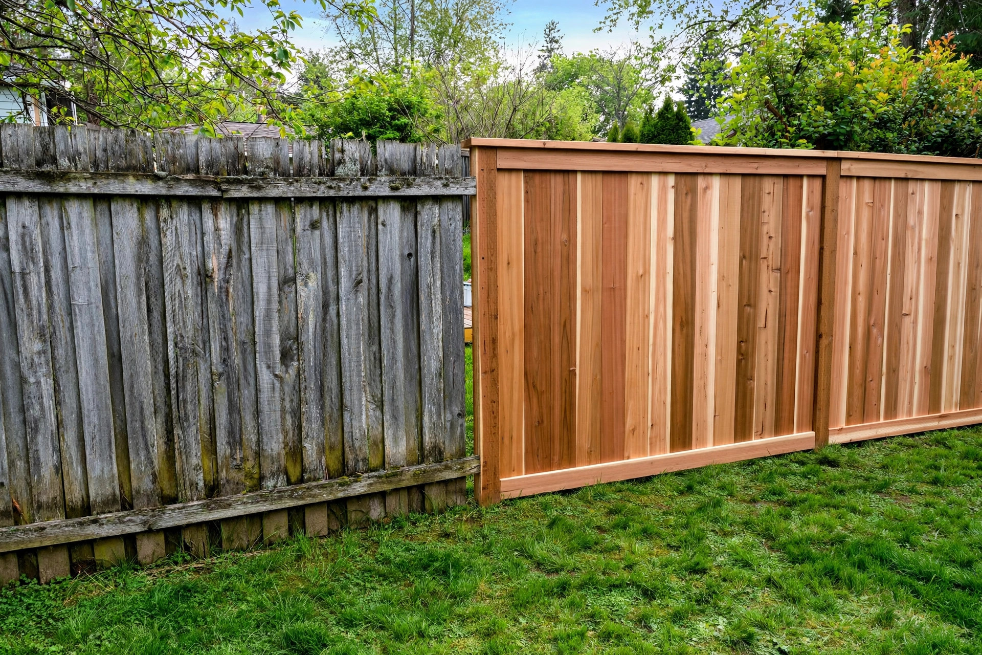 How to Get More Google Reviews for Fencing Companies Weathered old fence on one side transitioning to a crisp new cedar fence in a backyard