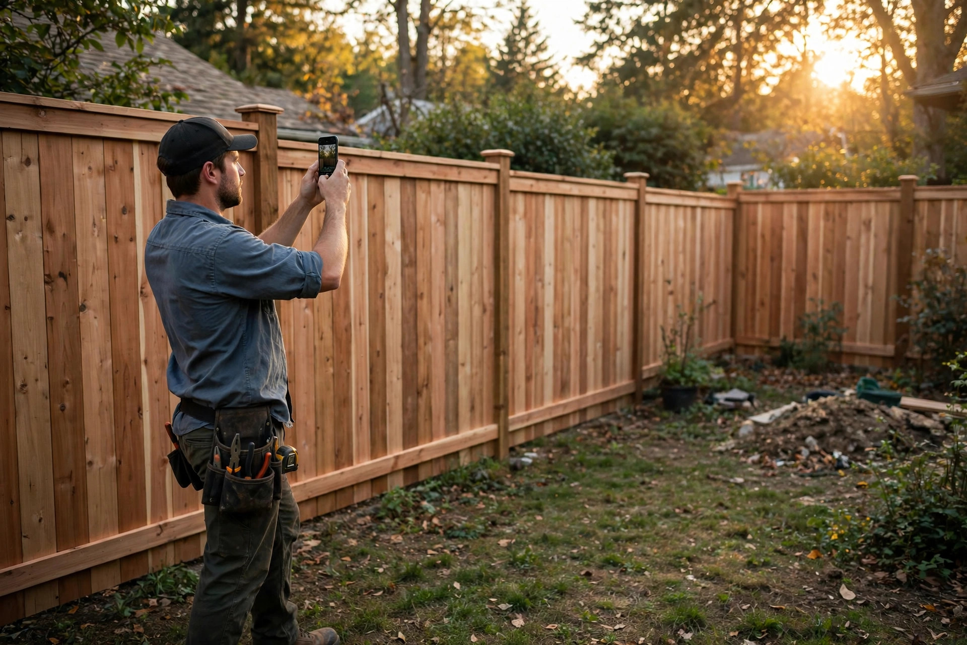 How to Get More Google Reviews for Fencing Companies Fence installer photographing a finished cedar privacy fence with a smartphone