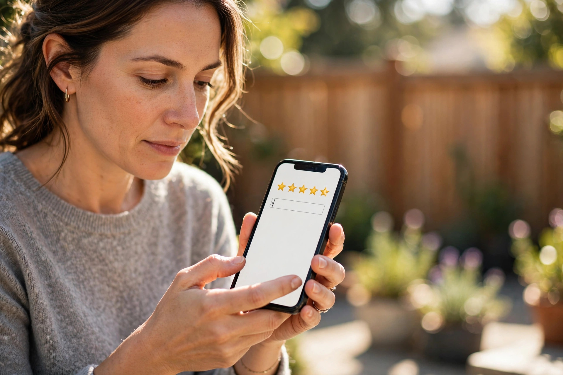 How to Get More Google Reviews for Fencing Companies Homeowner typing a review on a smartphone with a new cedar fence in the background