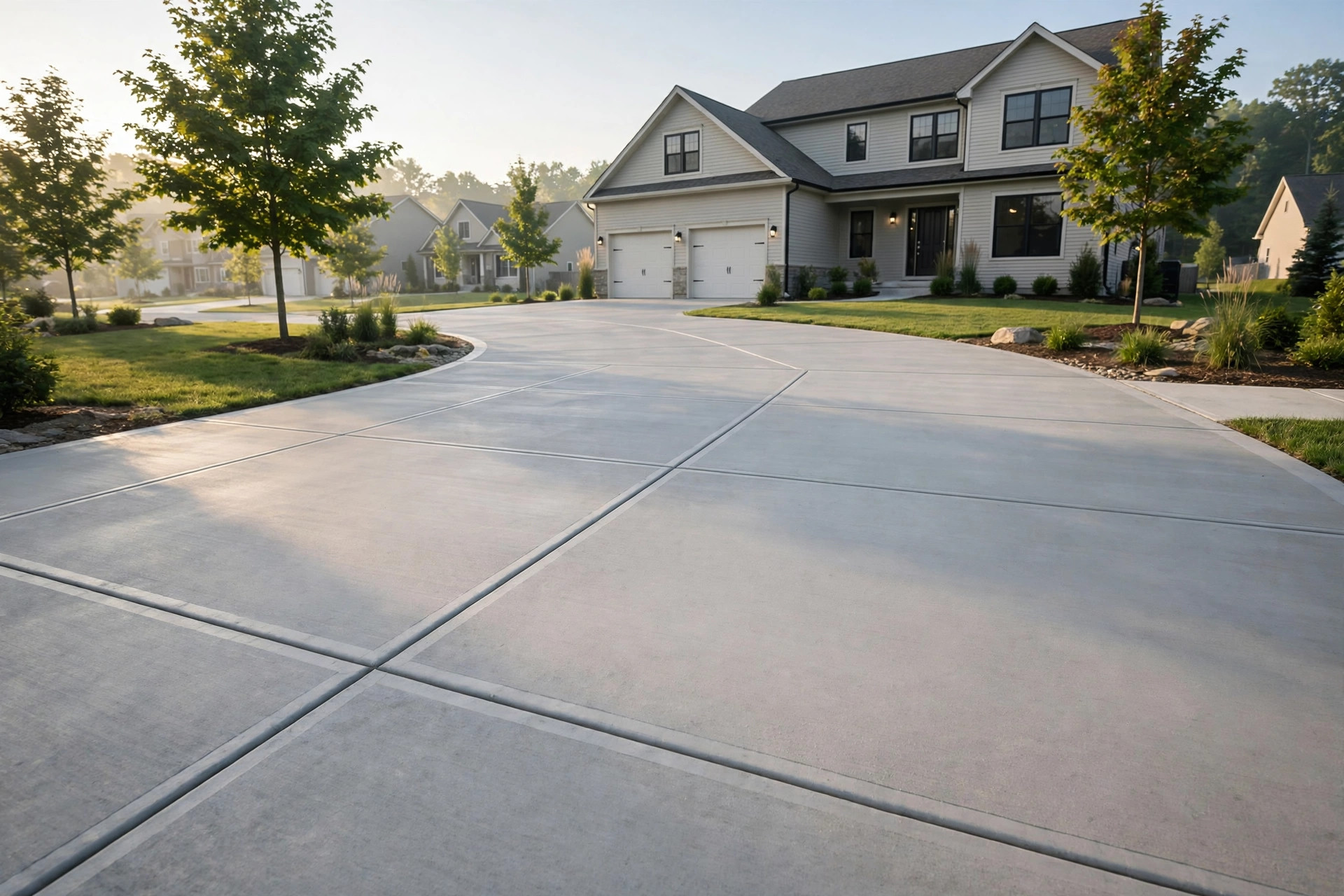 Brand-new concrete driveway with crisp expansion joints in morning light