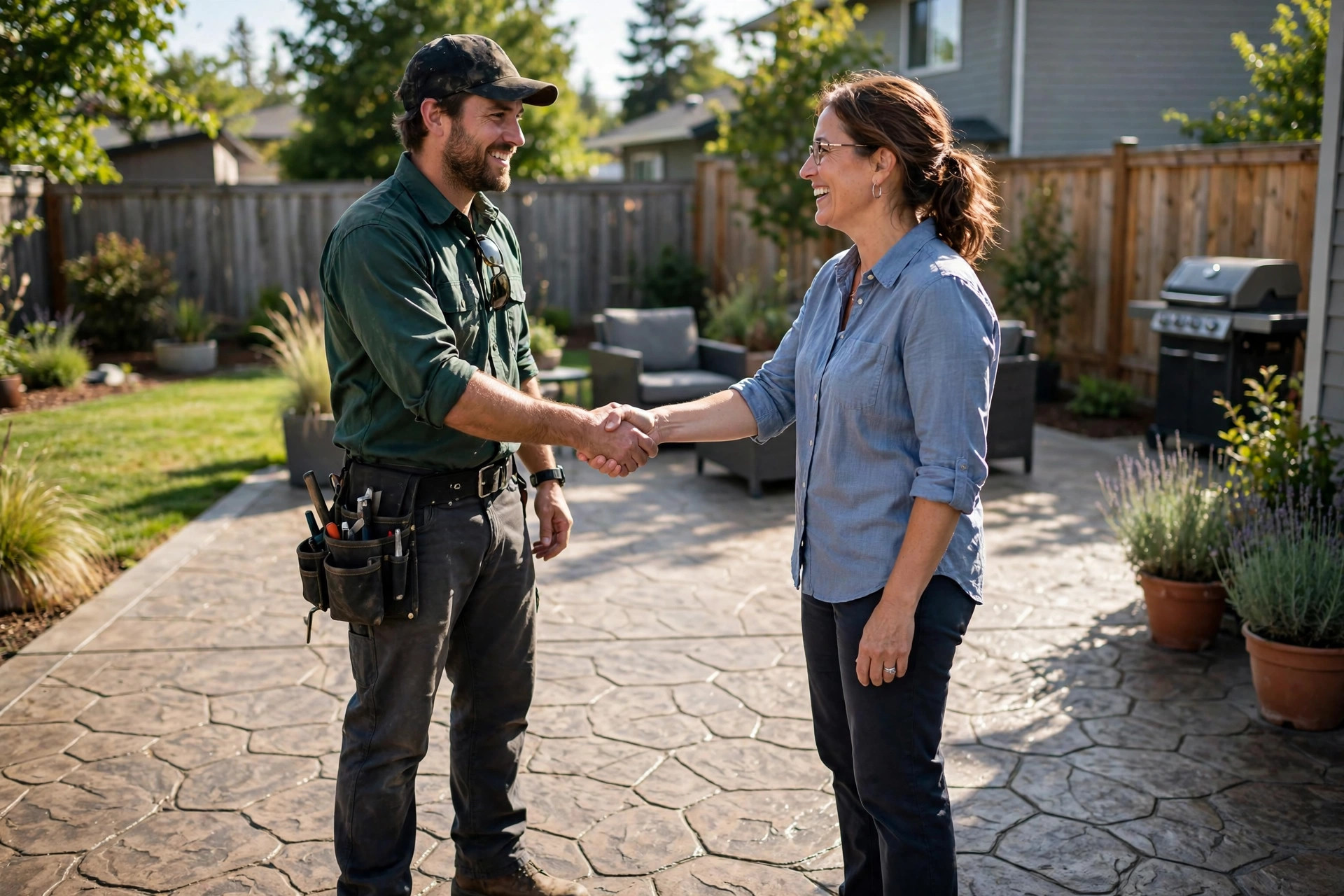 Contractor and homeowner shaking hands during a final walkthrough on a new concrete patio