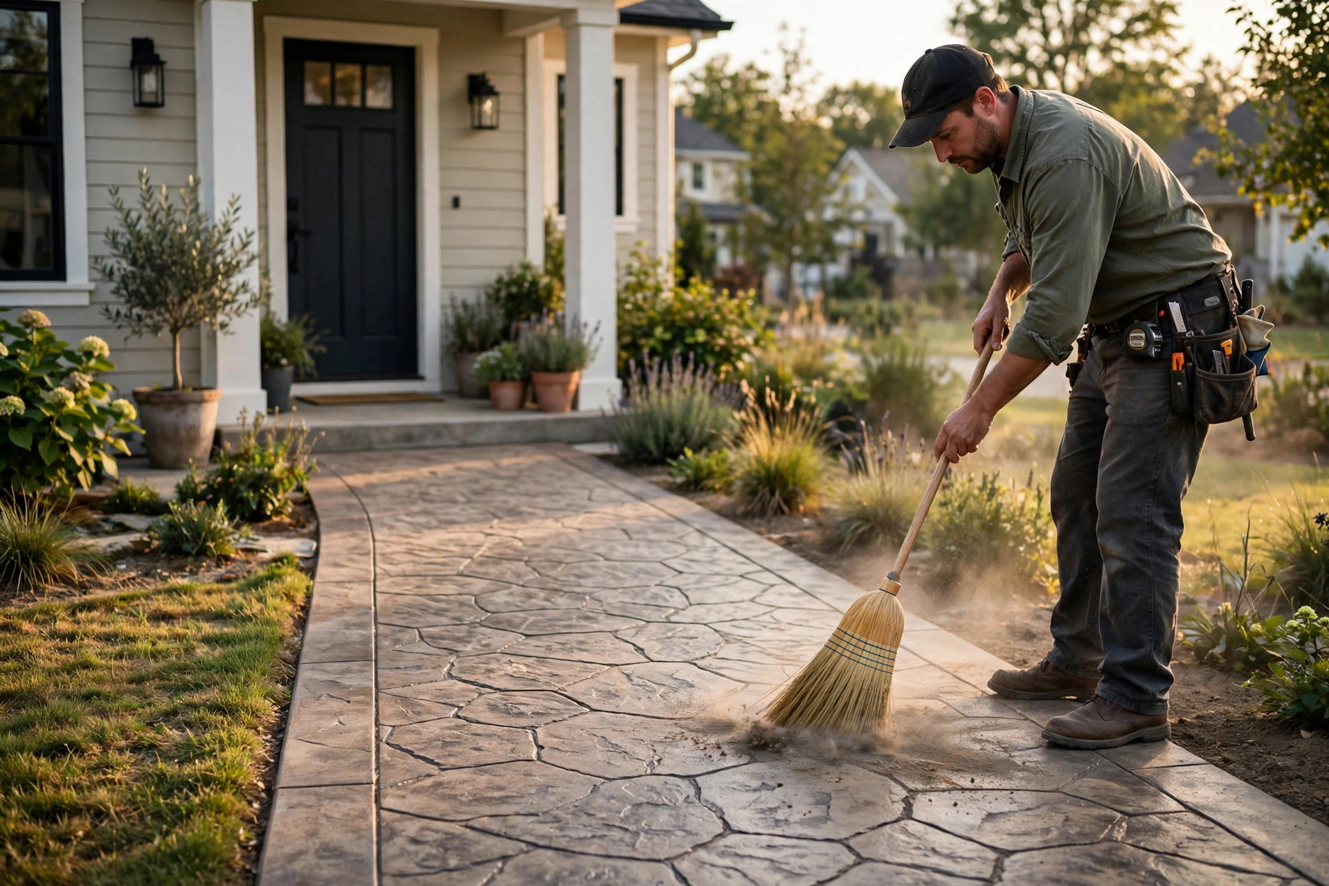 Crew member sweeping dust off a finished decorative concrete walkway