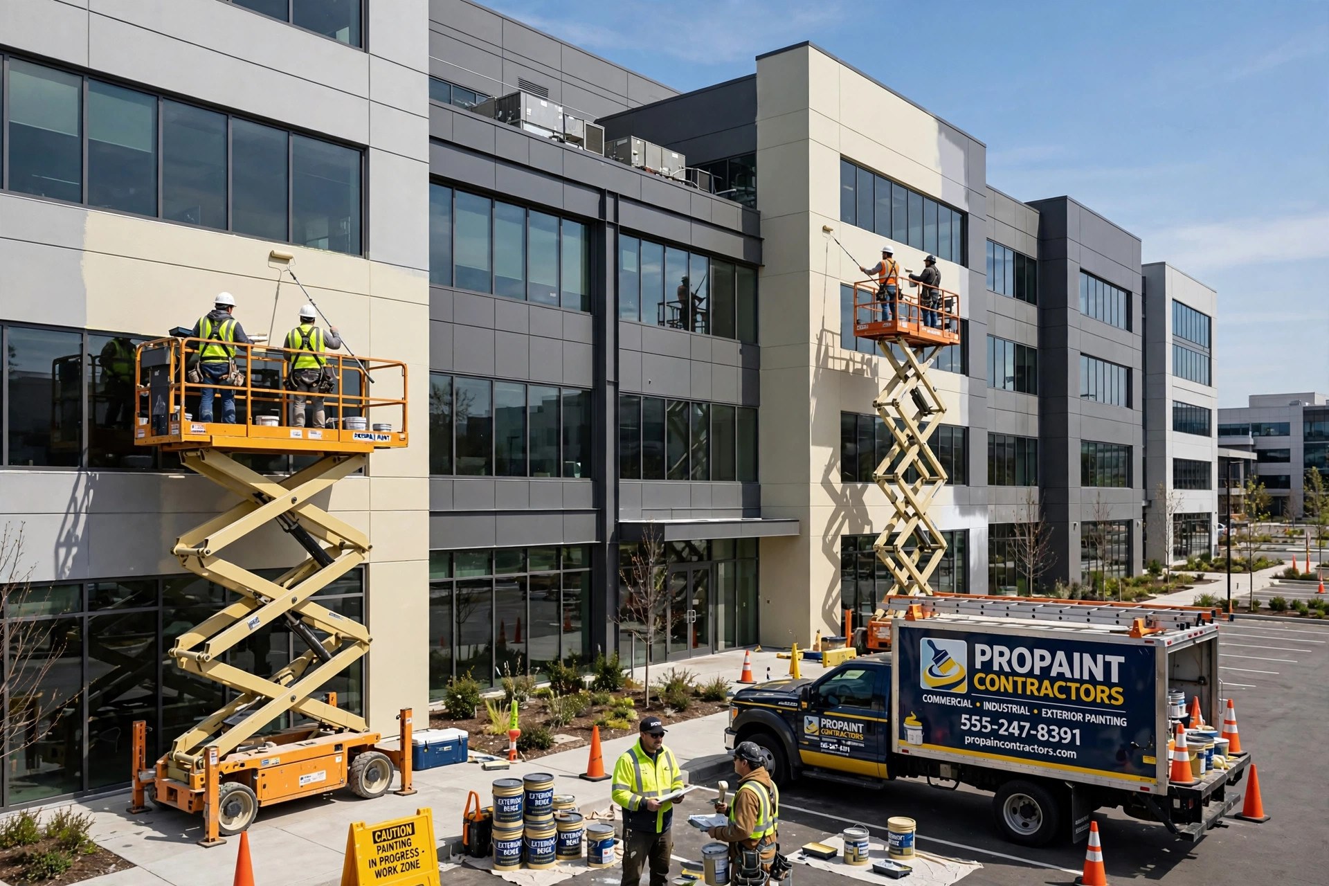 How to Get More Google Reviews for Painting Companies Commercial painting crew repainting the exterior of a large office building with lifts