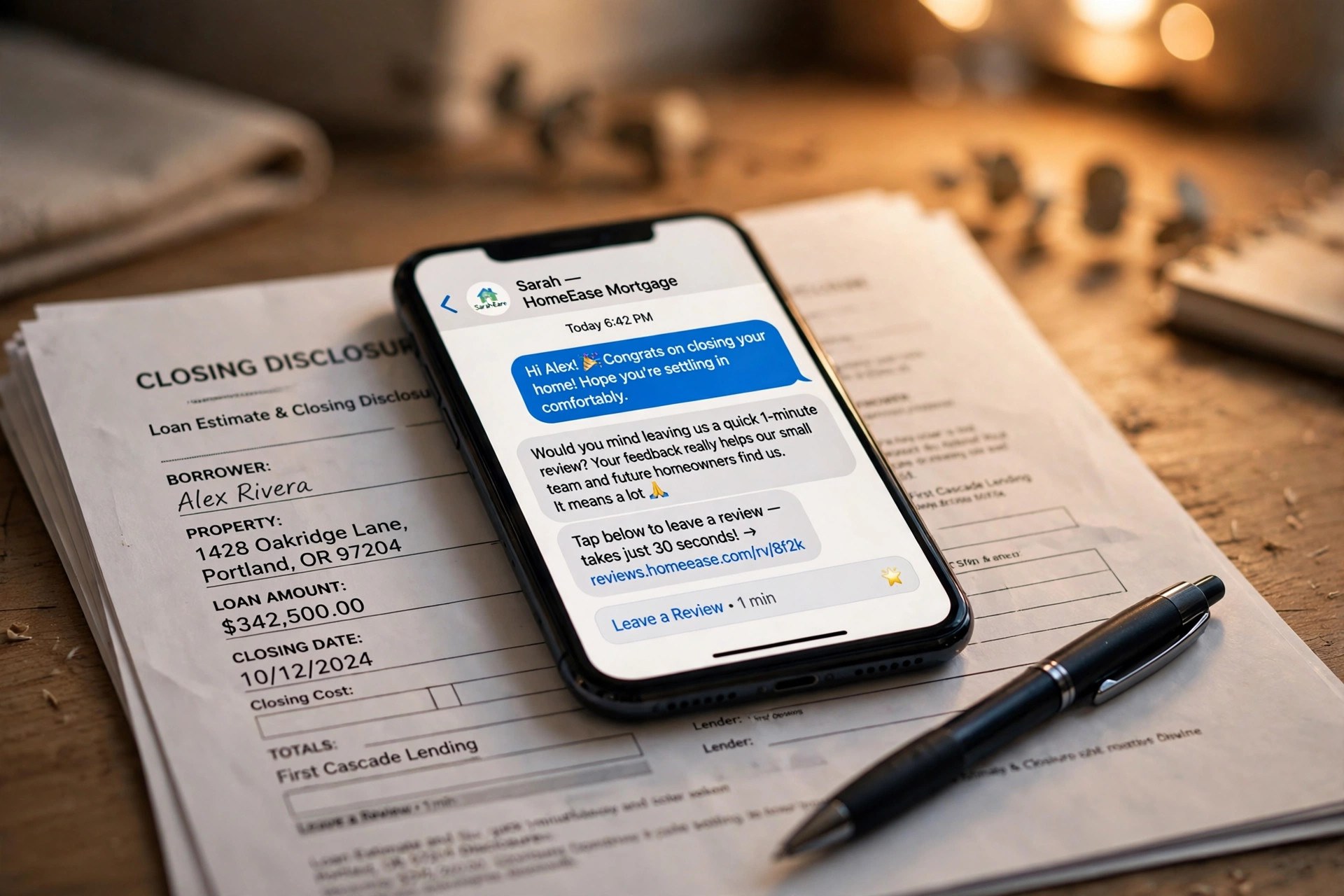 Smartphone showing a review request text message lying on mortgage closing documents