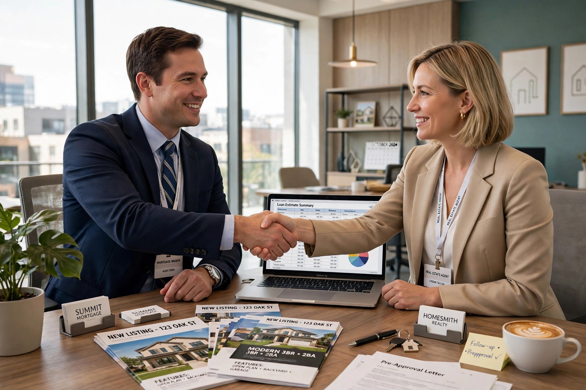 Mortgage broker shaking hands with a real estate agent in a bright modern office