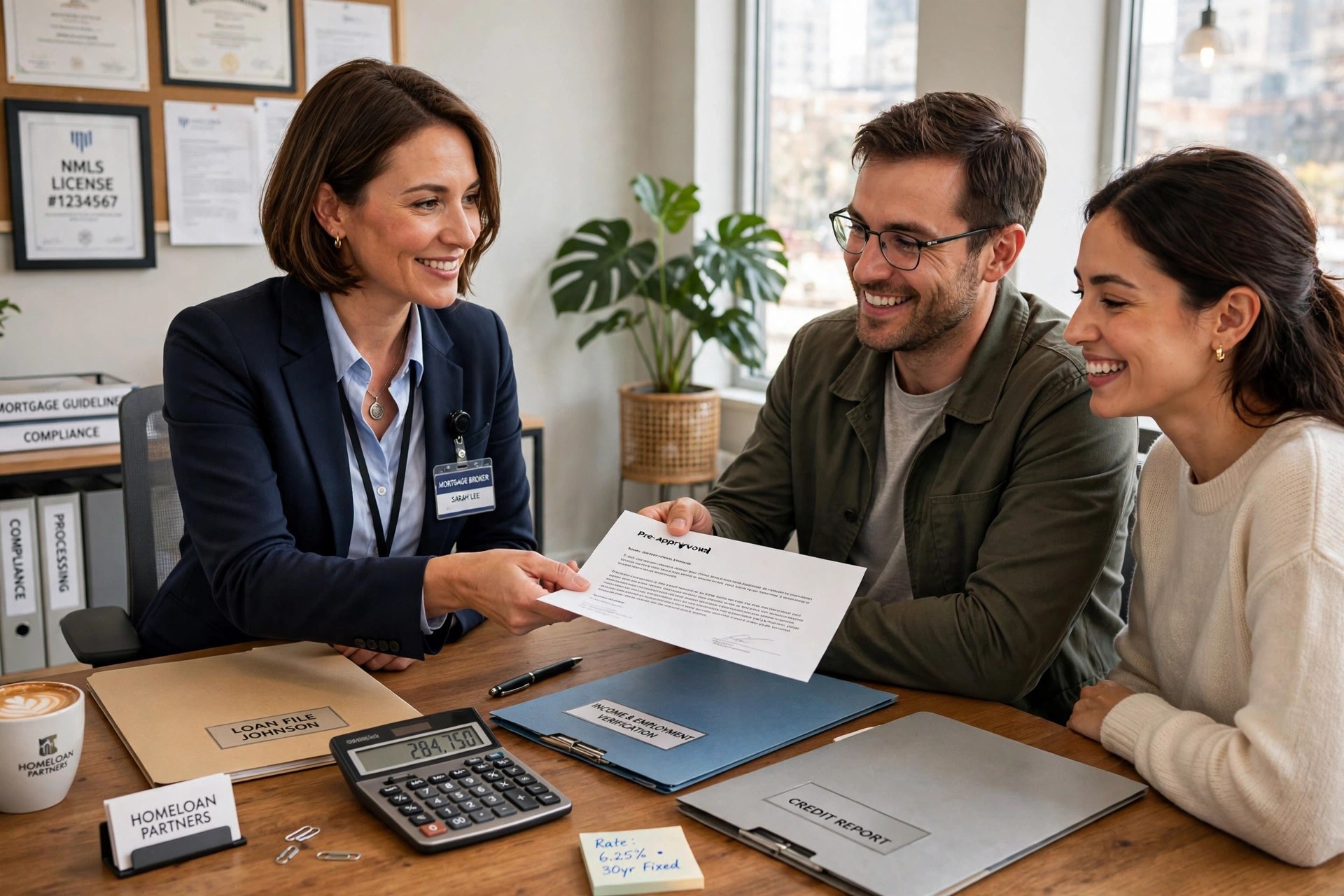 Mortgage broker handing a pre-approval letter to a couple across a desk in an office