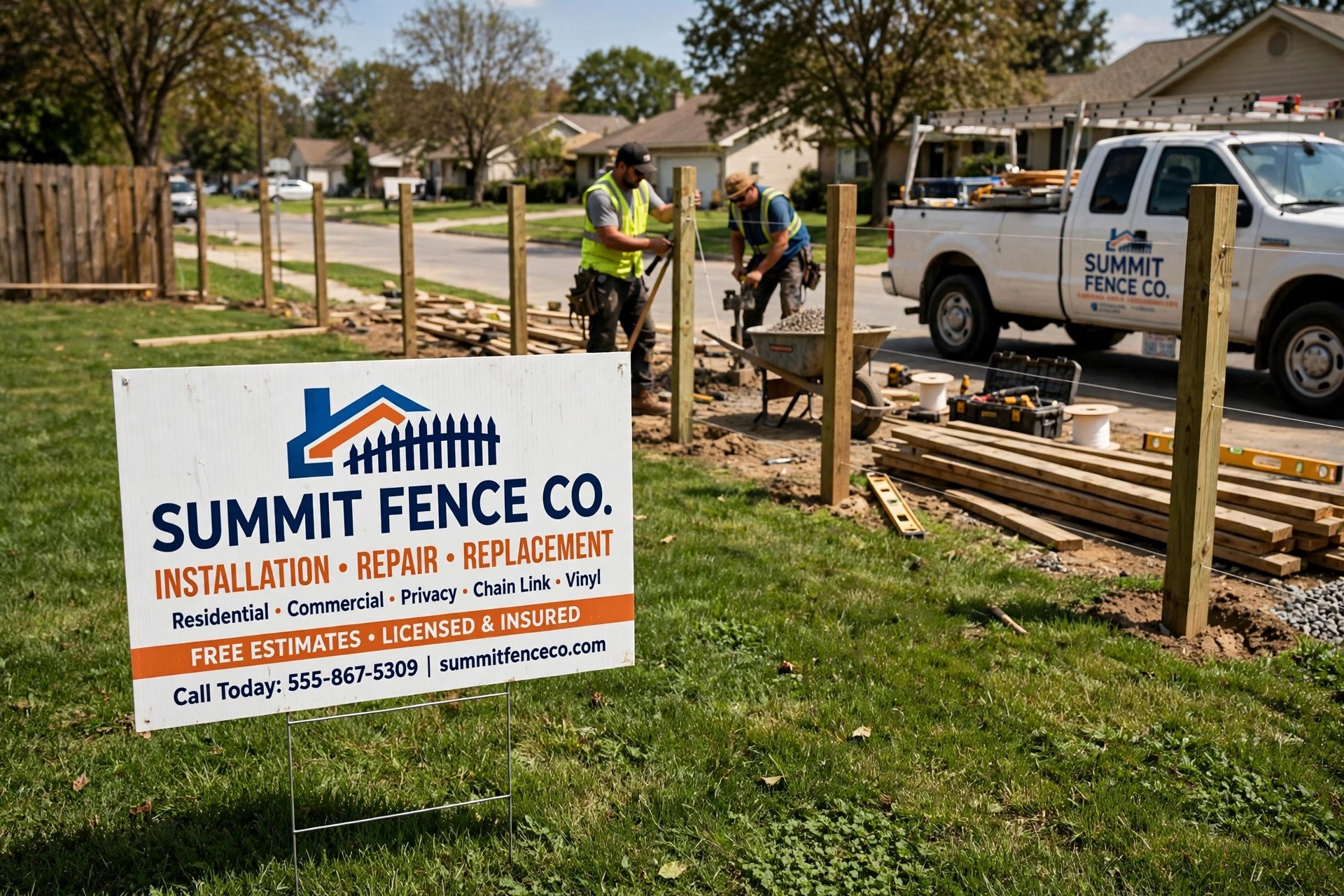 Branded yard sign in front of an active fence installation job site with workers