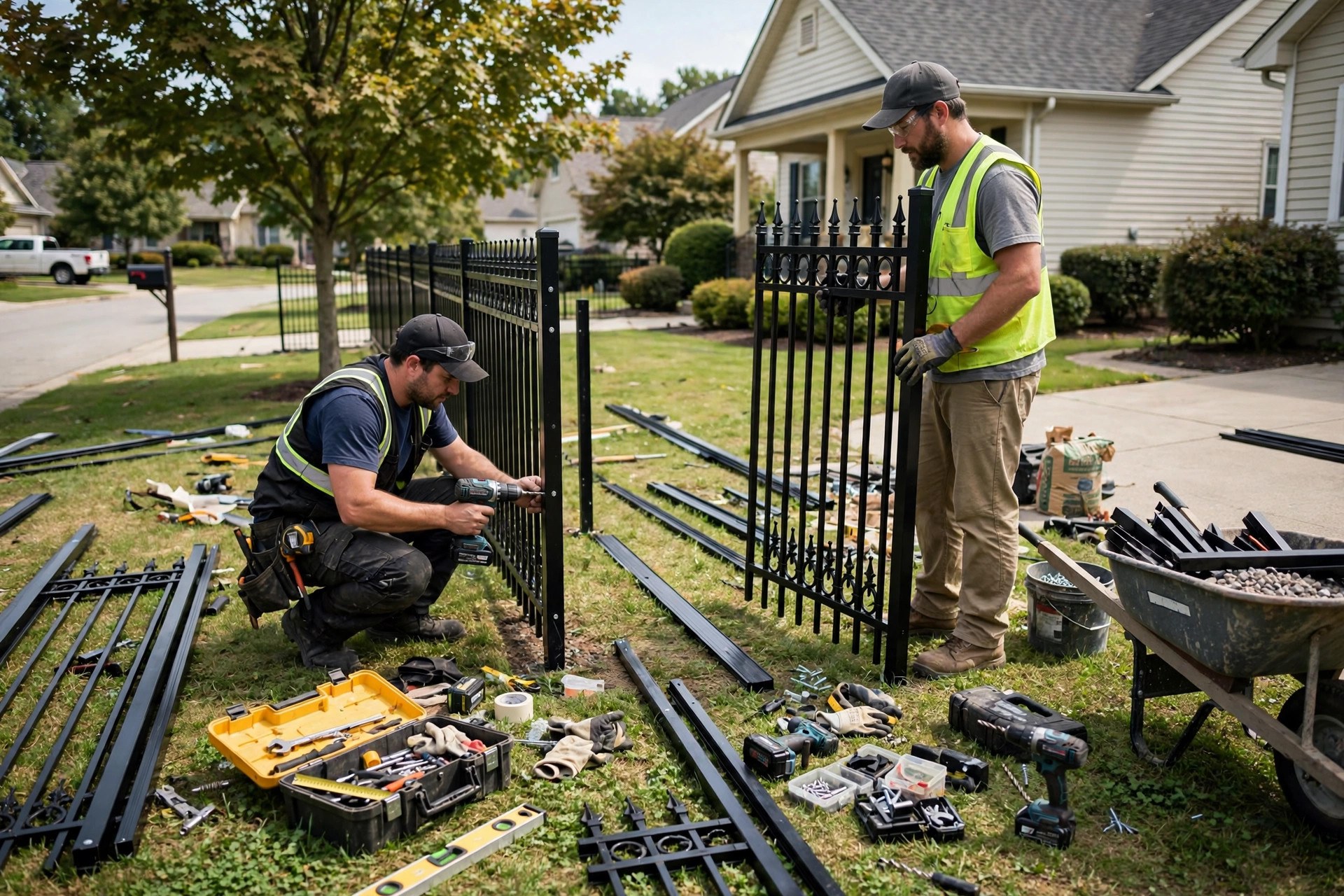 Workers installing an ornamental aluminum fence along a residential front yard