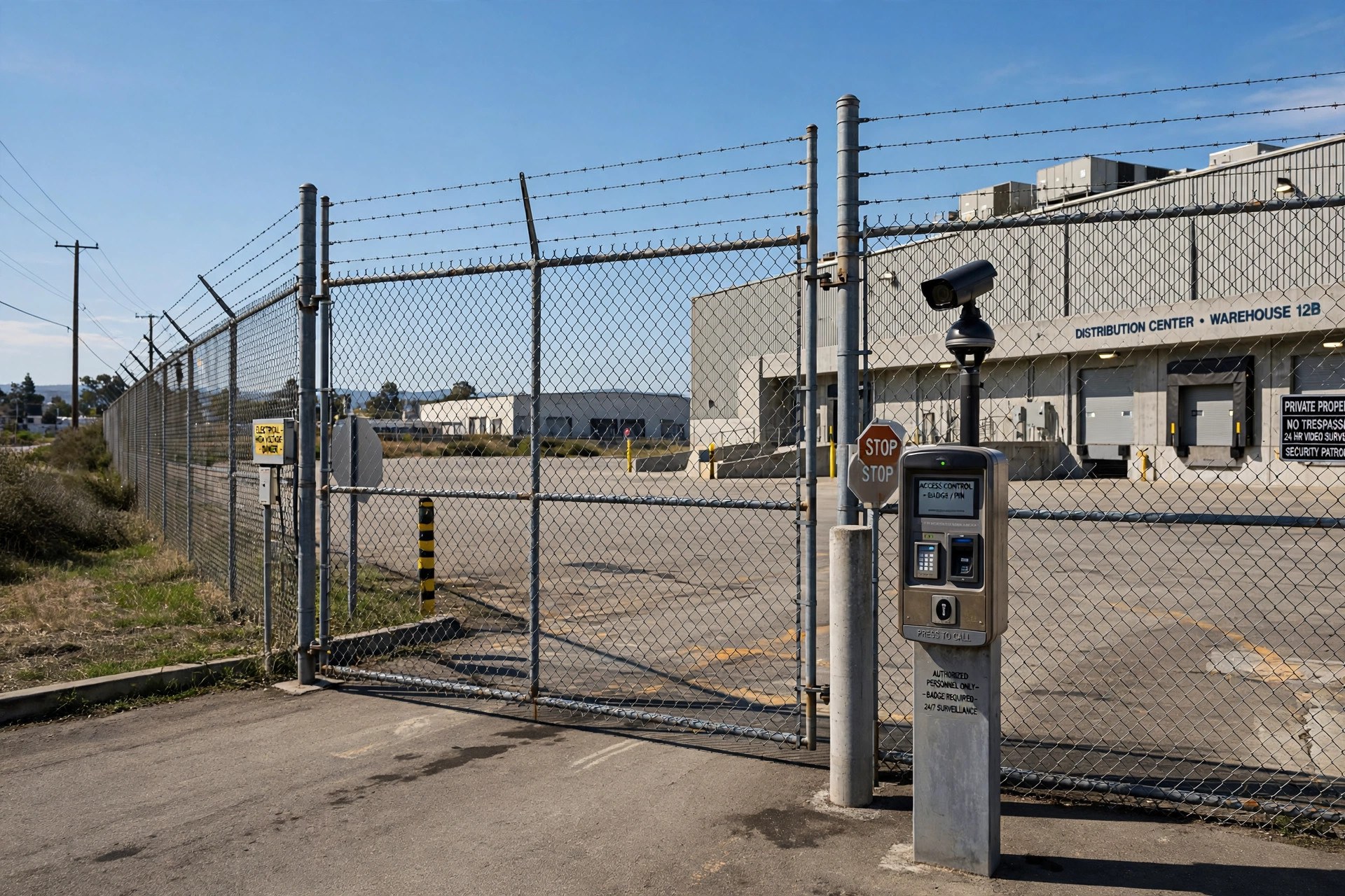 Tall commercial chain-link security fence with barbed wire around an industrial property