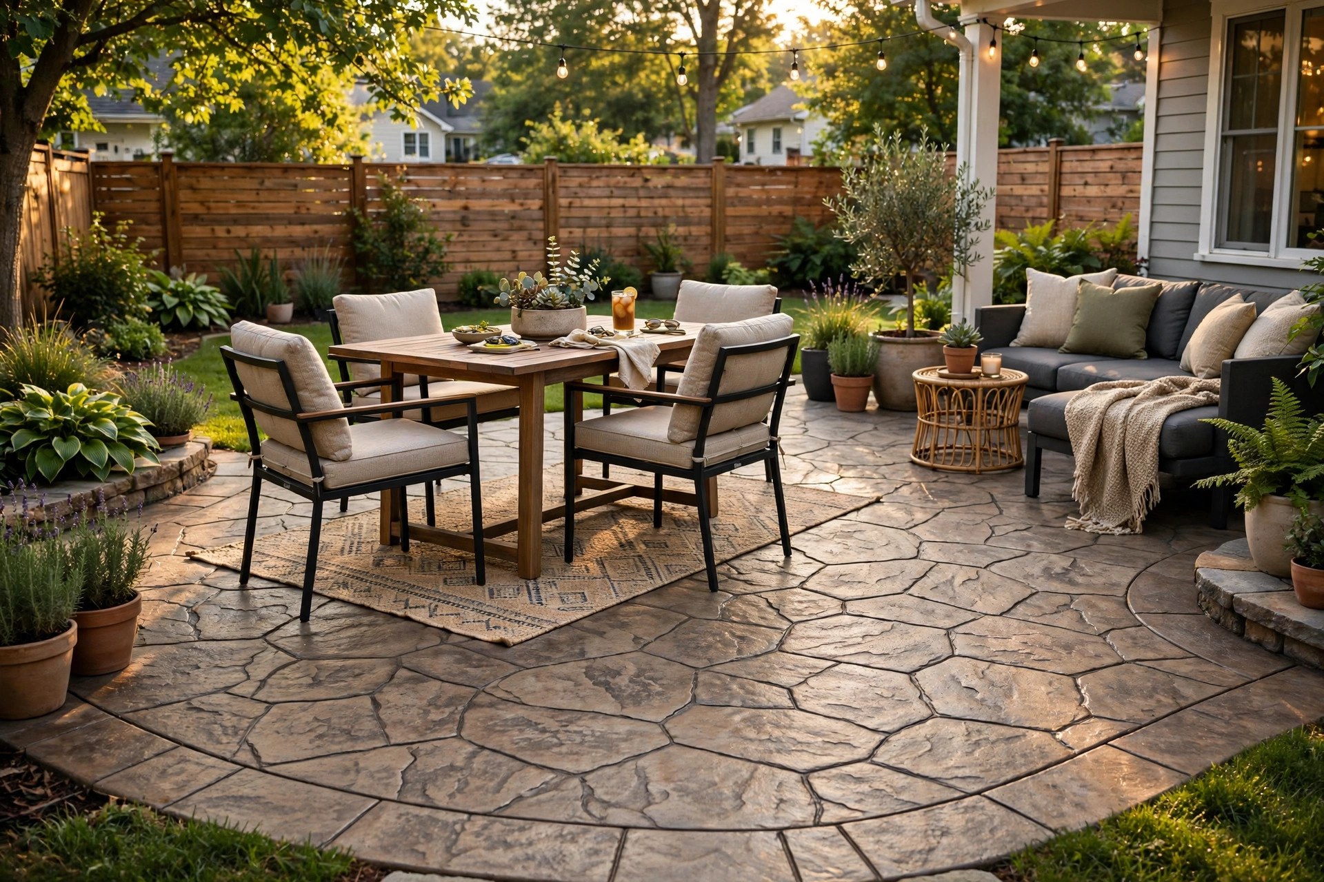 Beautiful finished stamped concrete patio with decorative stone pattern in a backyard