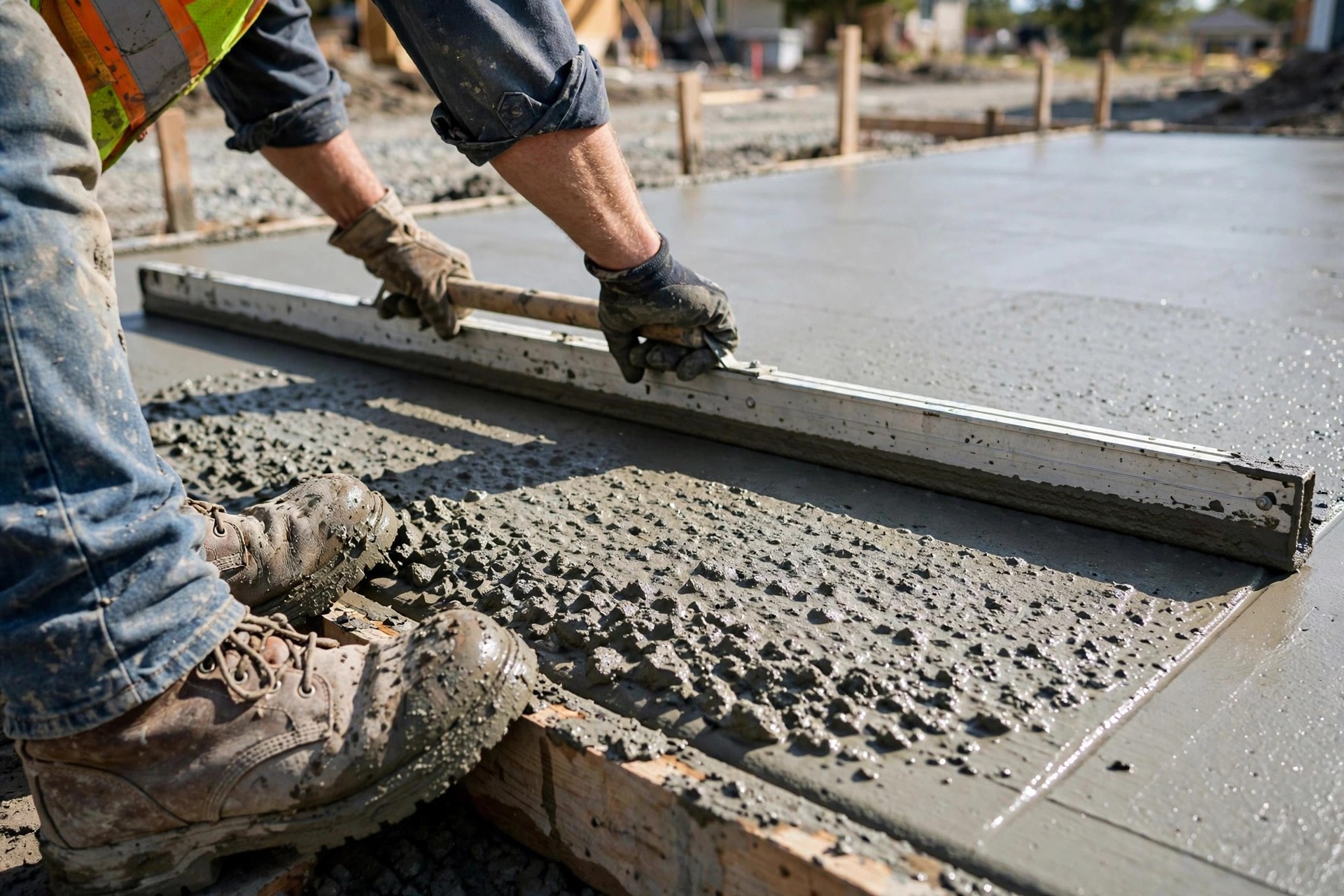 Concrete worker smoothing fresh wet concrete on a new driveway pour with a screed