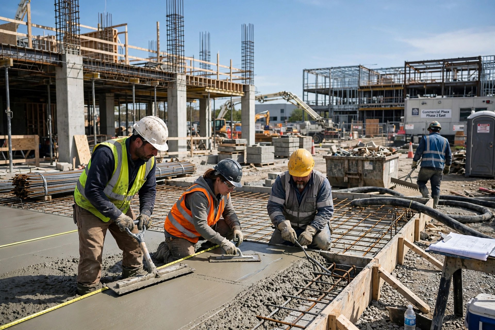 Concrete crew working on flatwork at a commercial construction site with a builder