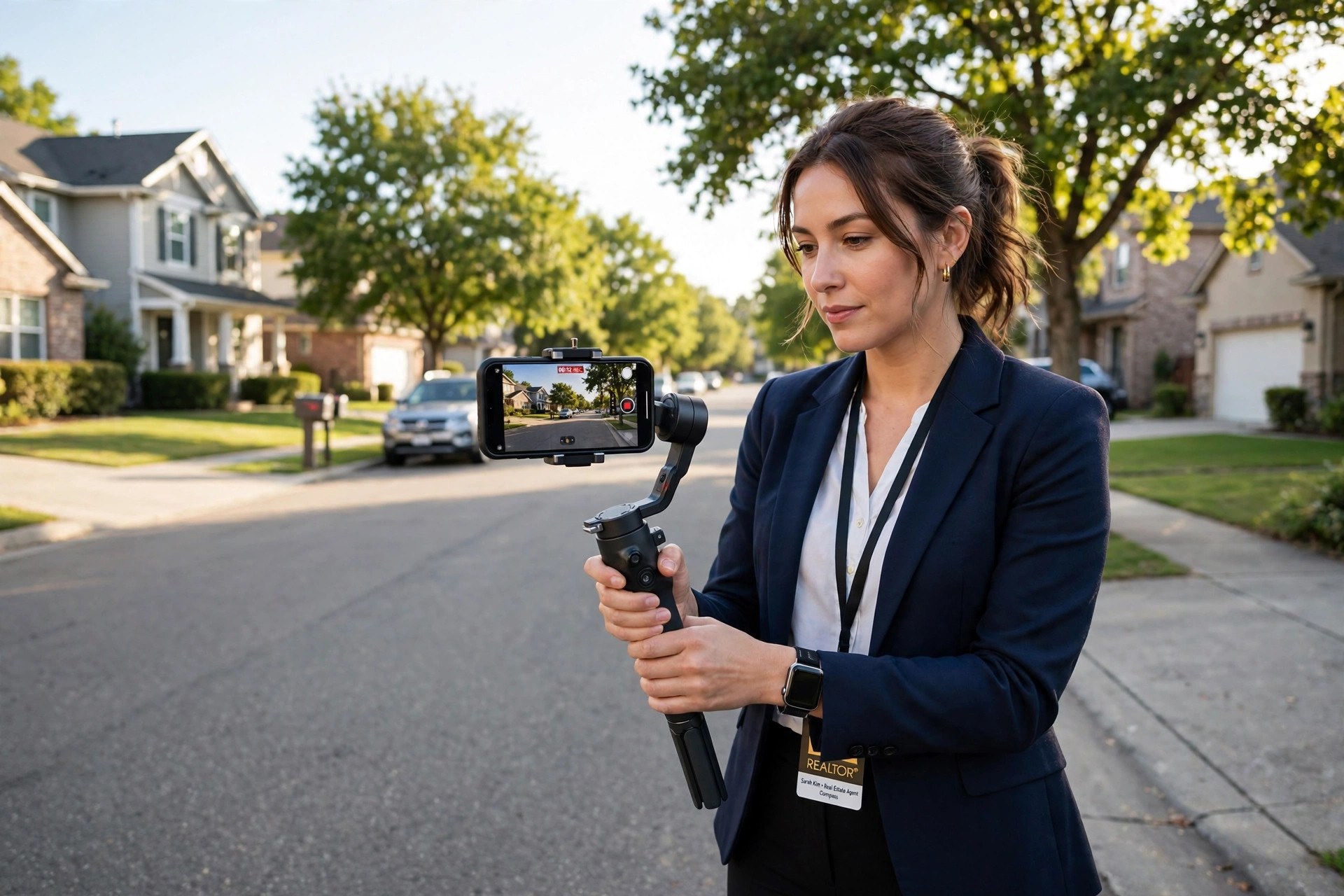Real Estate Marketing Ideas That Win Listings Real estate agent filming a neighborhood street tour video on a sunny suburban street