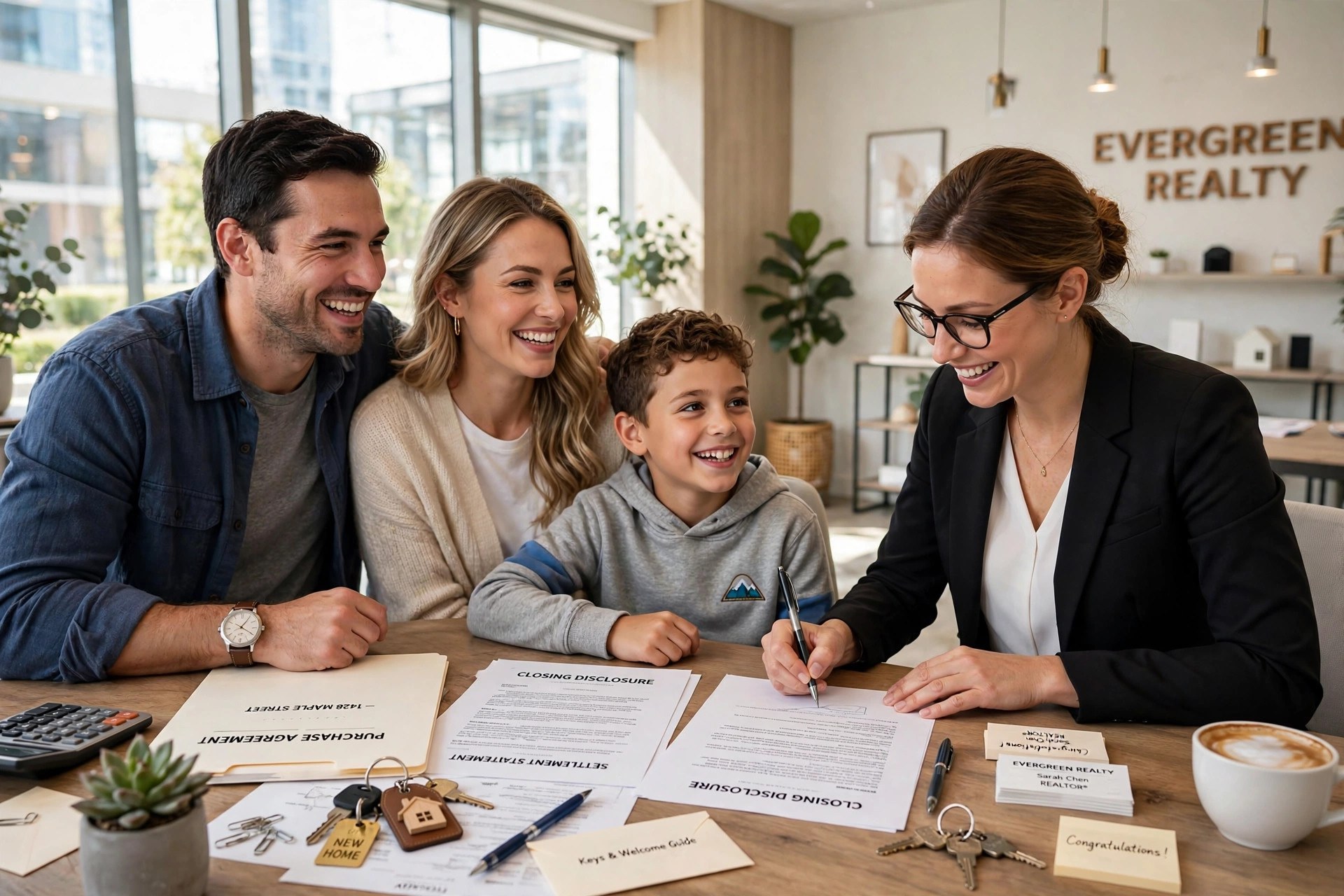 Real Estate Marketing Ideas That Win Listings Happy family at a closing table with their real estate agent signing final papers