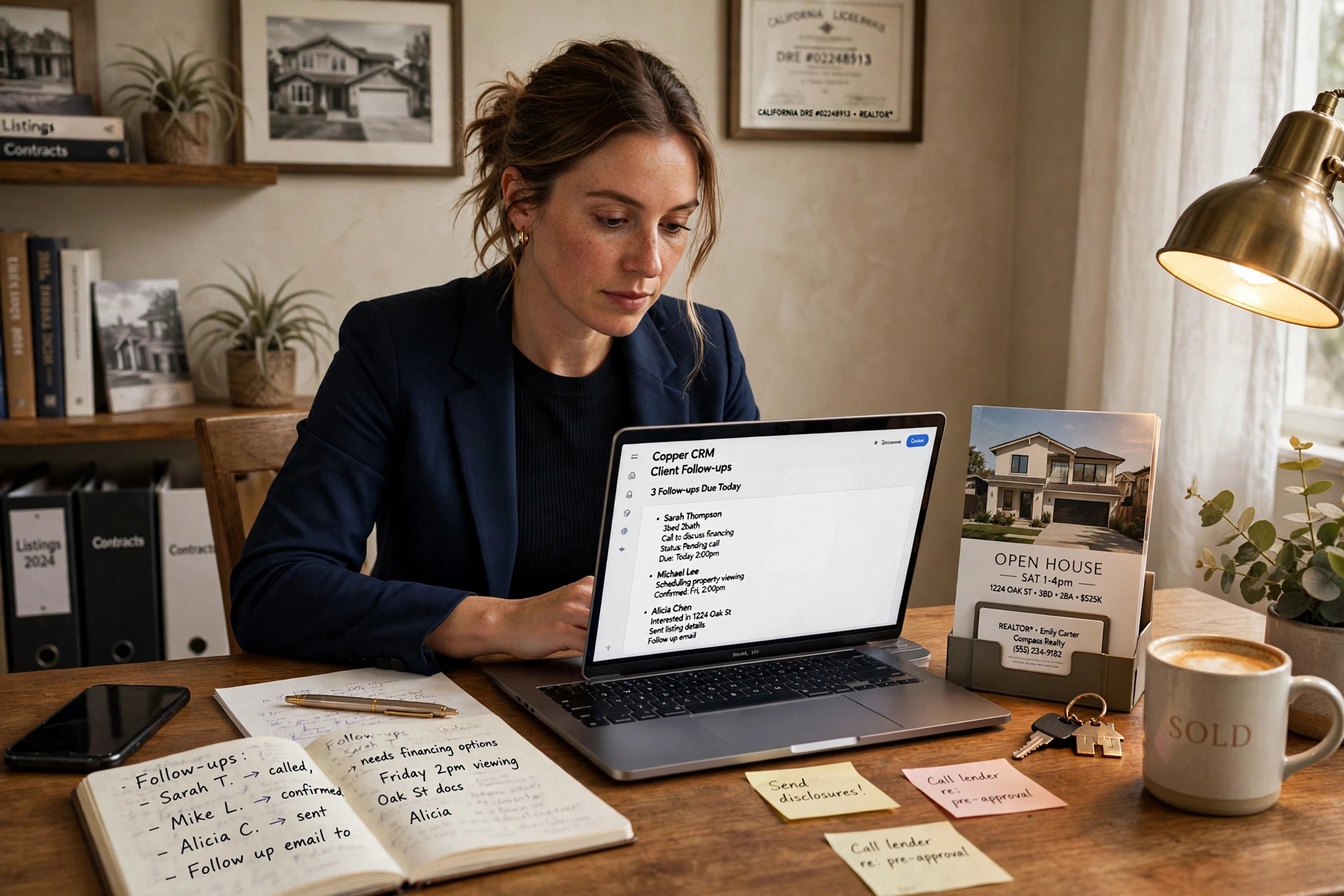 Real Estate Marketing Ideas That Win Listings Real estate agent working on a laptop managing client follow-ups at a home office desk