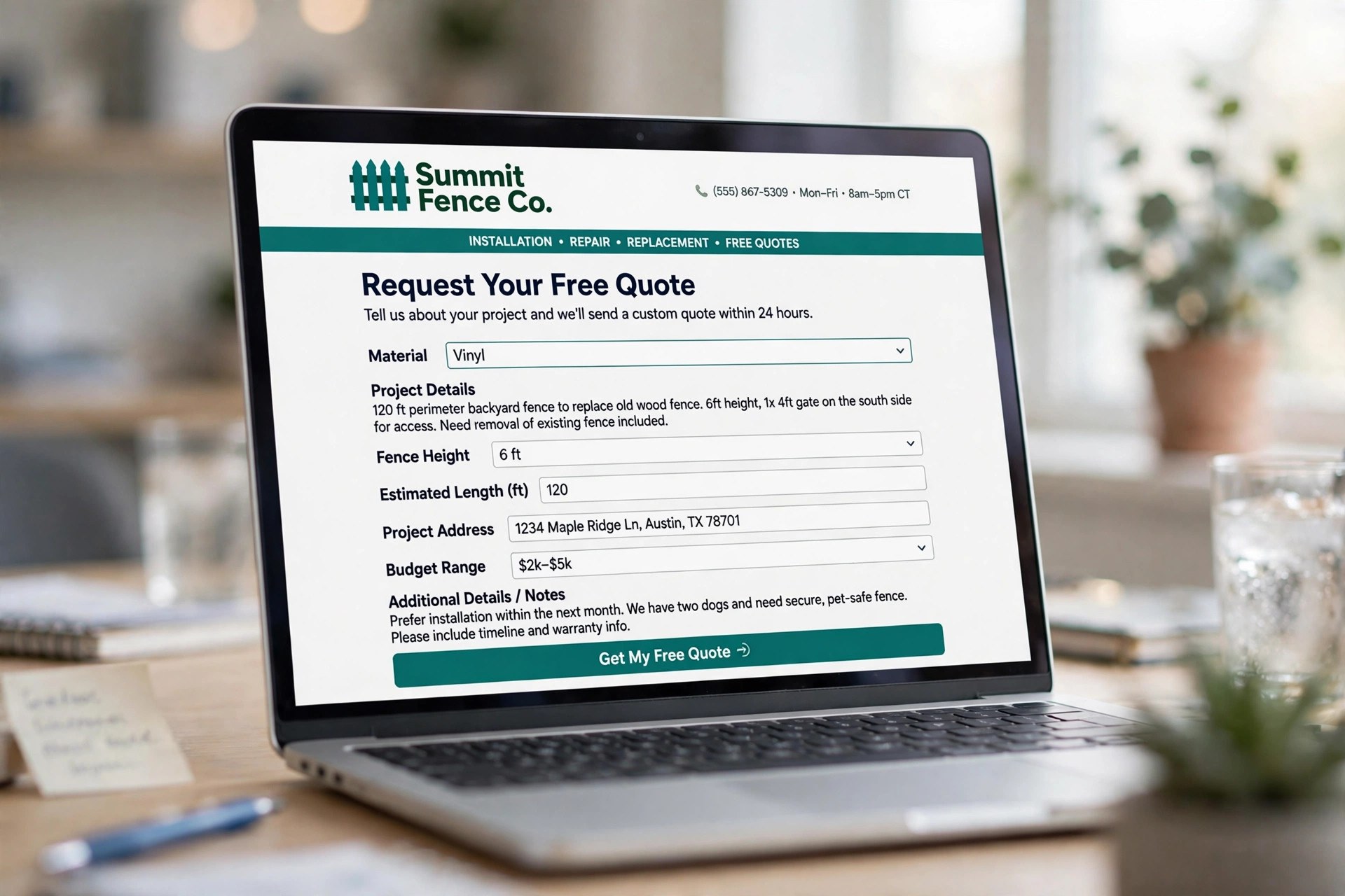 How Much Does a Fencing Company Website Cost Close-up of a fence company website quote-request form on a laptop screen