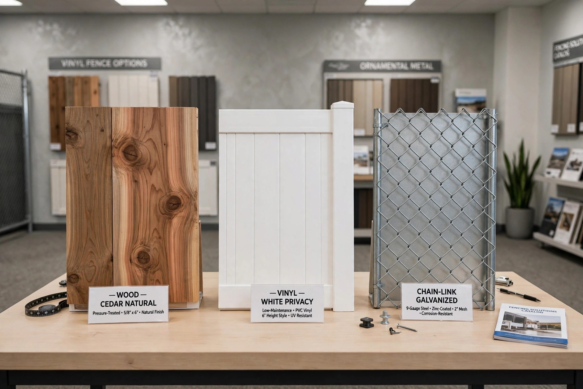 How Much Does a Fencing Company Website Cost Wood vinyl and chain-link fence material samples displayed on a table