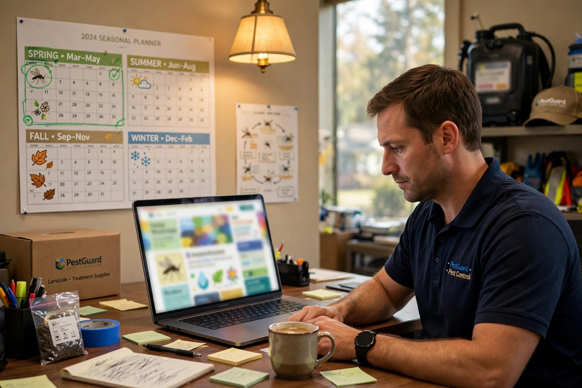 Email Marketing for Pest Control Companies: Campaigns That Renew Contracts Pest control office employee building a seasonal email campaign about mosquito treatment on a laptop