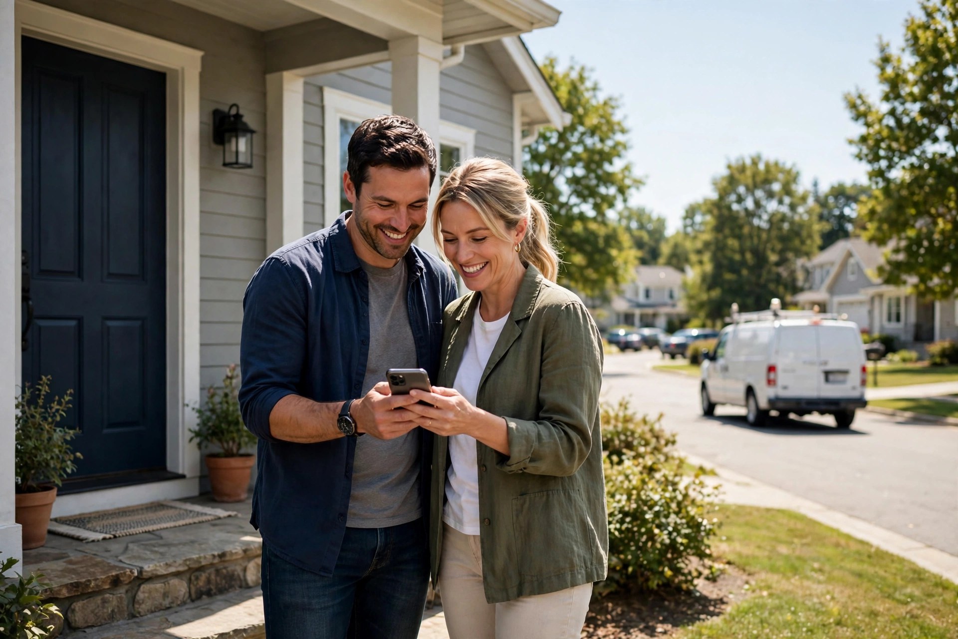 Email Marketing for Pest Control Companies: Campaigns That Renew Contracts Homeowner couple smiling at a smartphone while a pest control service van drives away